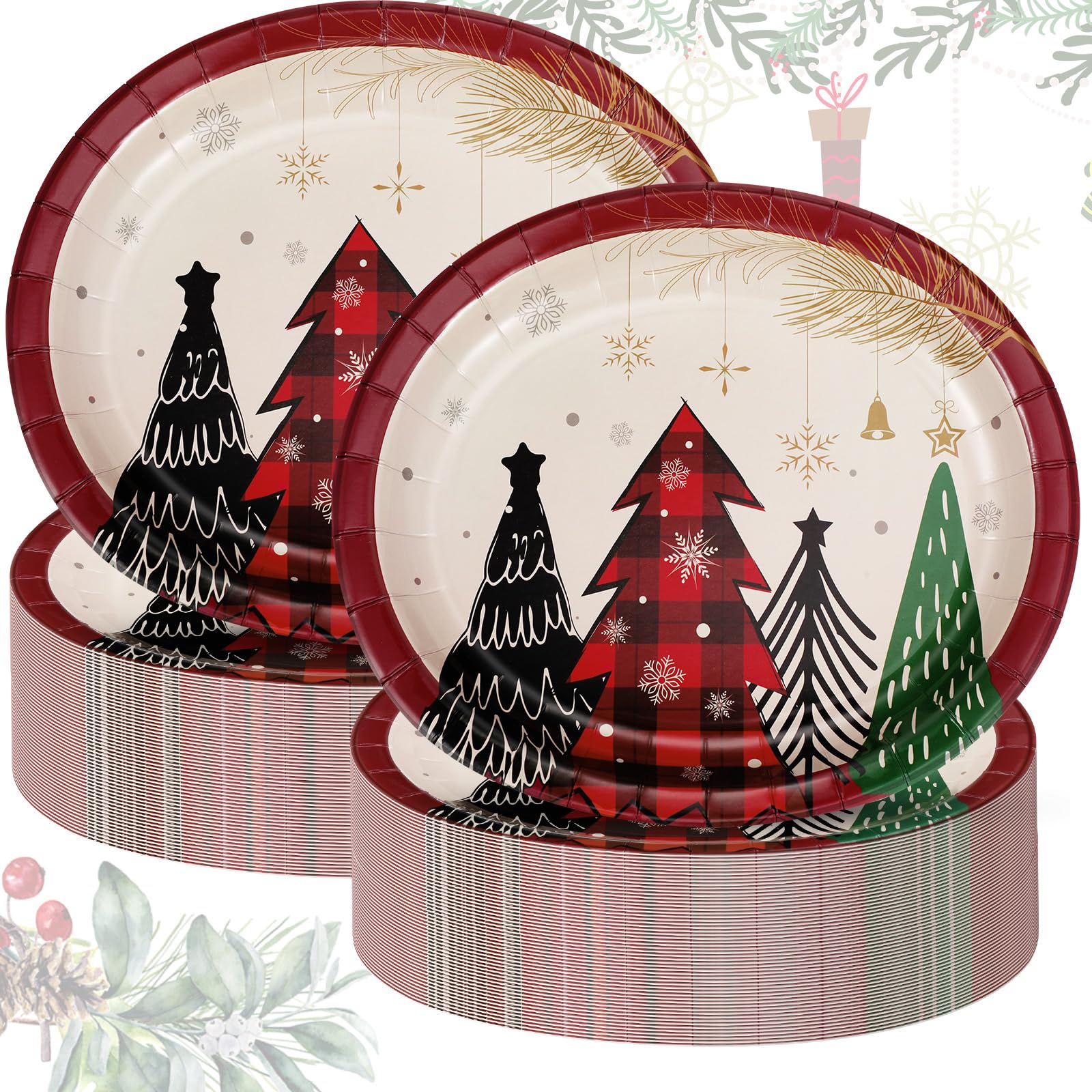 Havawish 100 platos de papel ovalados de Navidad, bandejas desechables para fiestas, platos ovalados de papel de Navidad, platos grandes para servir dulces, galletas, cenas, suministros de boda (árbol