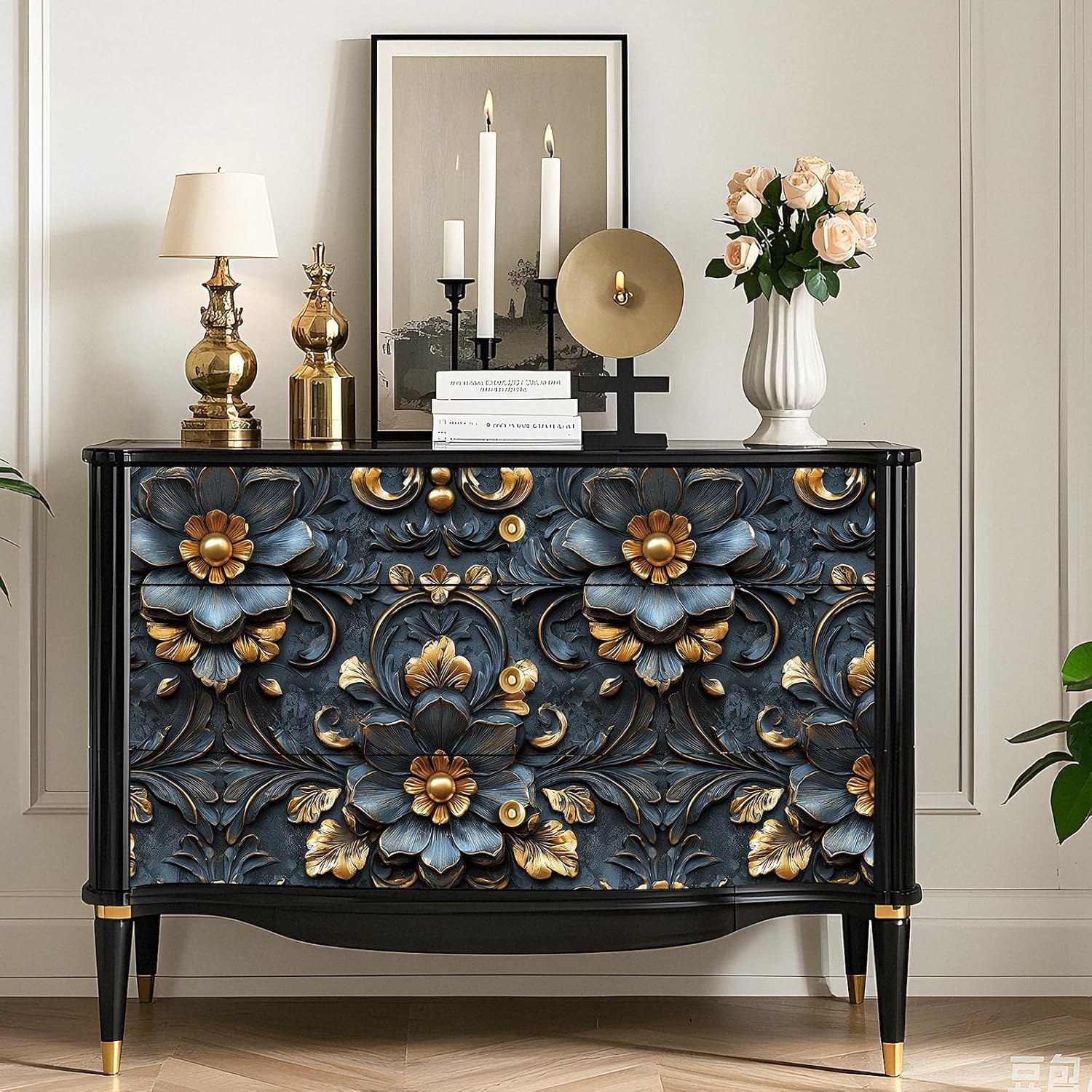 17.5"x475" Navy Blue Western Wallpaper Embossed Metallic Wallpaper Stick and Peel Gold Floral Wall Paper Flower Contact Paper Self Adhesive Accent Wall Mural for Bedroom Bathroom Drawers