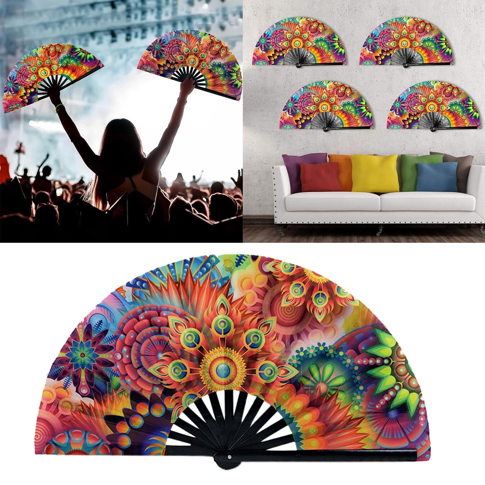 Großer Faltbarer Rave-Handventilator Aus Bambus – Für Festivals, Clubs & Partys, 64 Cm Geöffnet