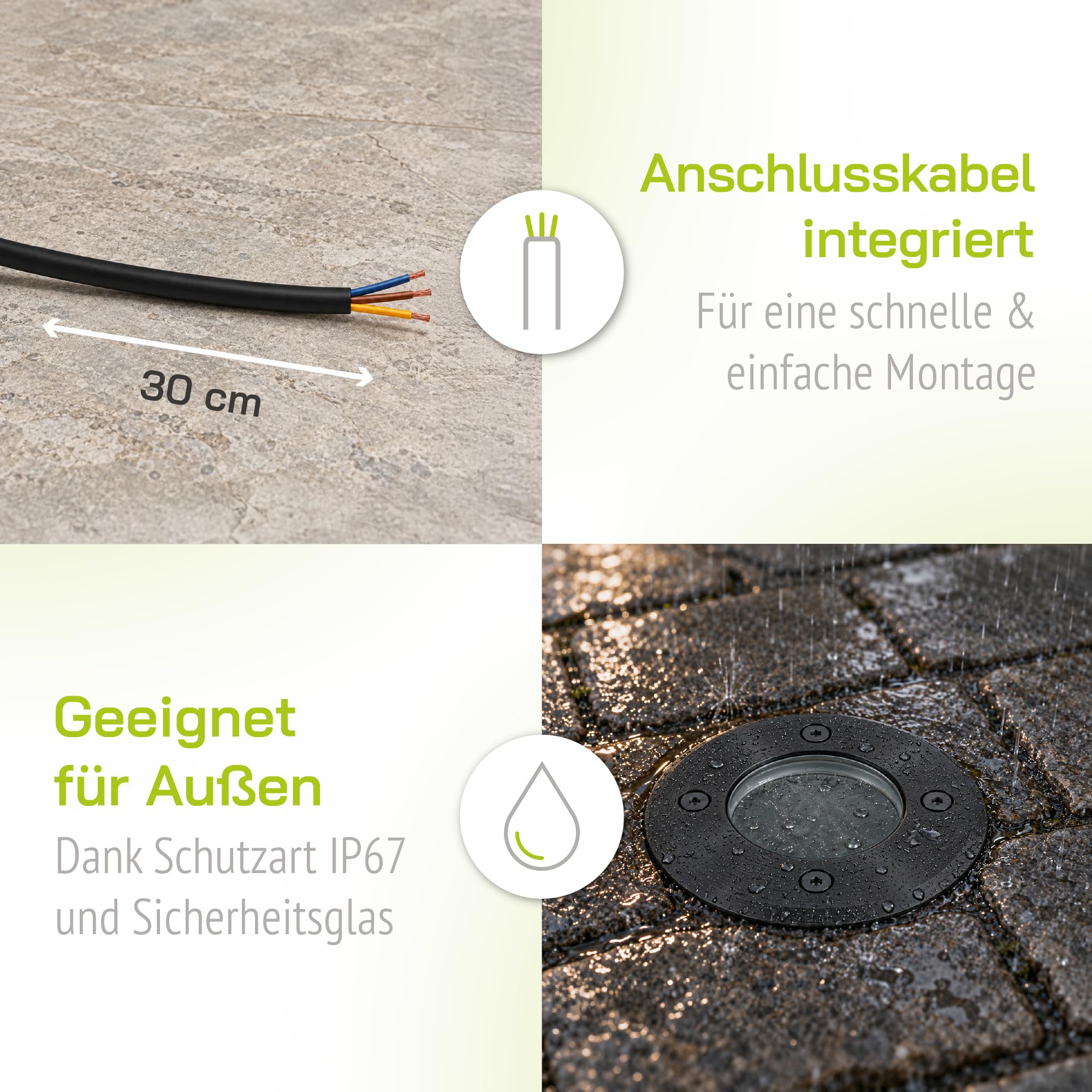 linovum 4 Stück BORU Bodeneinbauleuchten Außen IP67 mit LumiFLEX LED GU10 6W warmweiß + neutralweiß + tageslicht - 4x Bodenspots schwarz 230V kratzfest mit Kabel