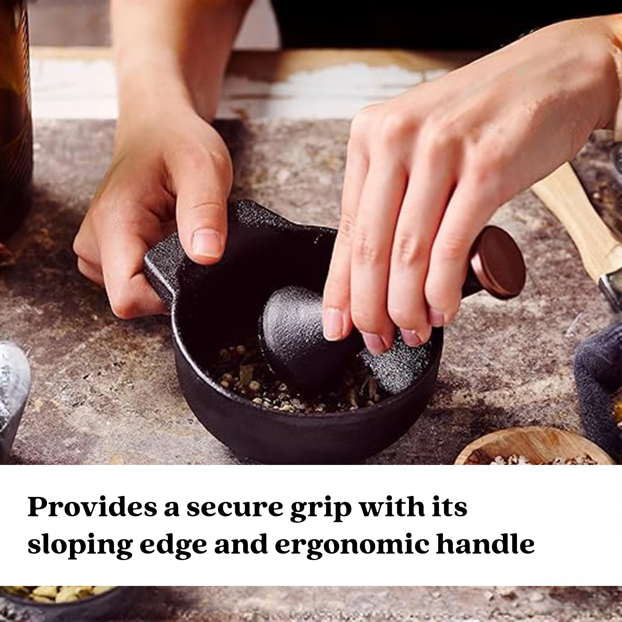 Alva Nori Enameled Cast Iron Mortar & Pestle Set - 2-Cup Heavy Duty Spice Grinder with Textured Interior - Durable Kitchen Tool for Guacamole, Herbs, Pesto, 4" Black Non-Toxic - Image 4