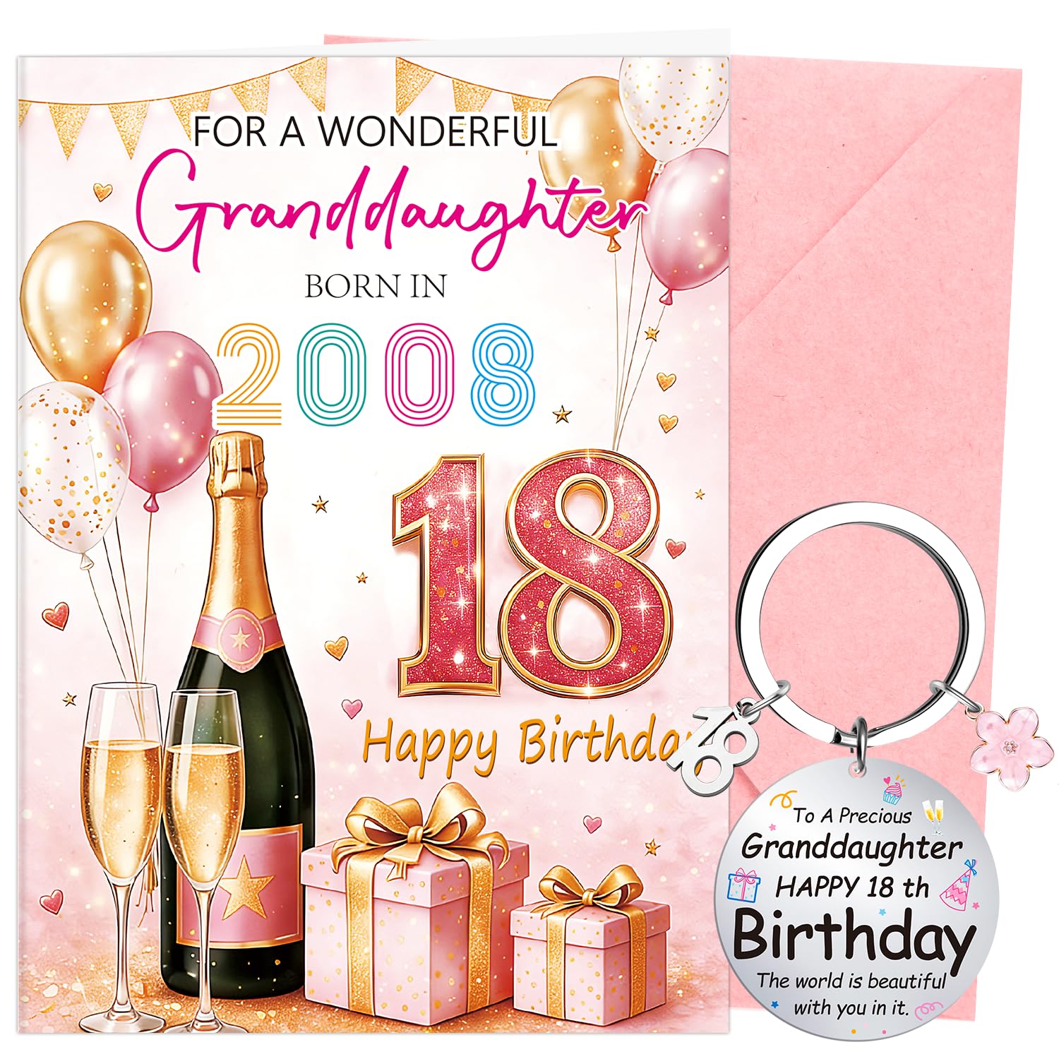 Luvart 18th Granddaughter Birthday Card - Happy 18th Birthday Gifts Card for Granddaughter with Keychain Pink Envelope Velvet Bag for Celebration