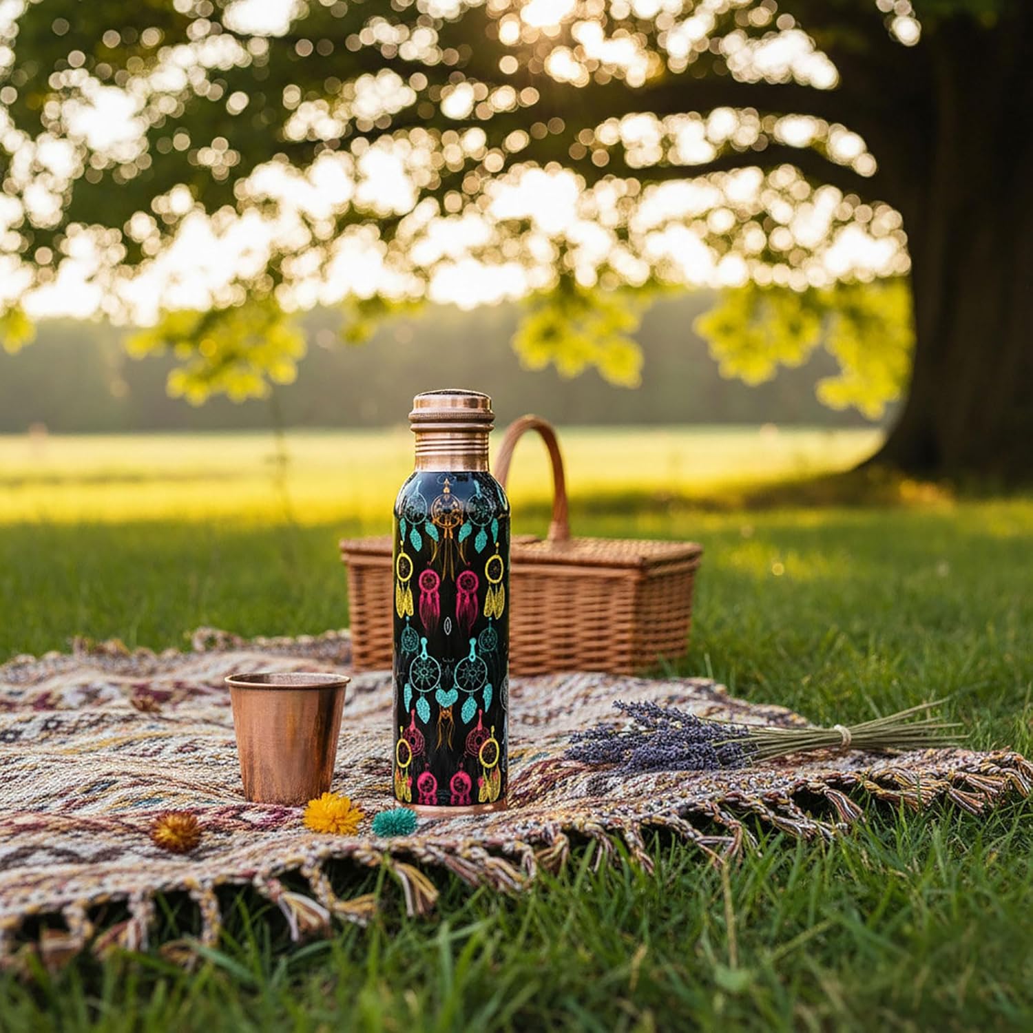 Pure Printed Copper Water Bottle - Leak Proof Ayurvedic Drinkware Copper Vessel for Sports, Gym, Outdoors, Yoga, Health Benefits