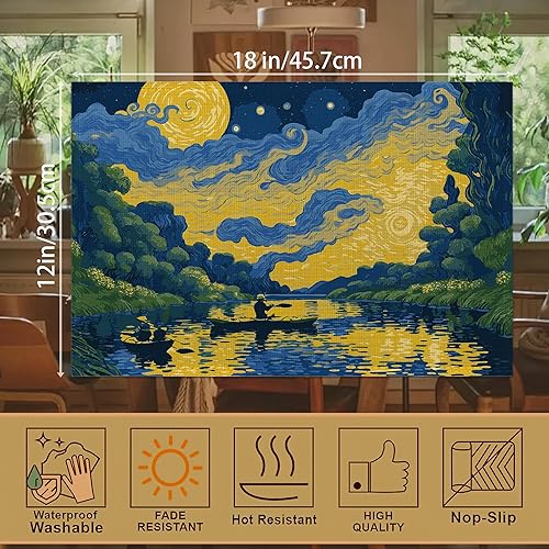 Miniatura 2 de Juego de 6 manteles individuales estilo Van Gogh con acuarela, 12 x 18 pulgadas, manteles individuales de lino para cocina, comedor, decoración de