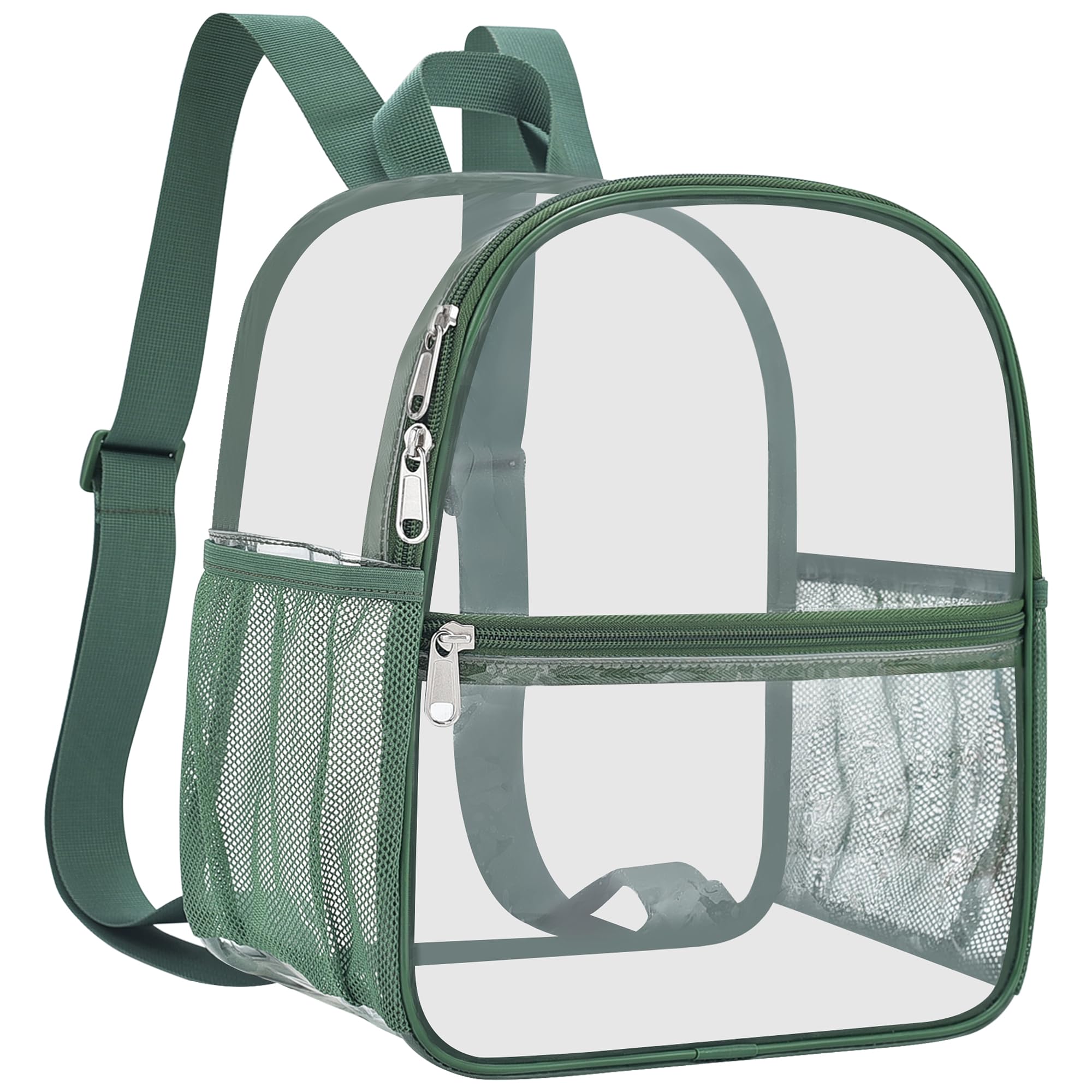 Slumou Clear Backpack Stadium Approved 12×12×6 Clear Mini Backpack Small Transparent Backpack for Concert, Beach, Work, Travel & Sporting（Forest green）