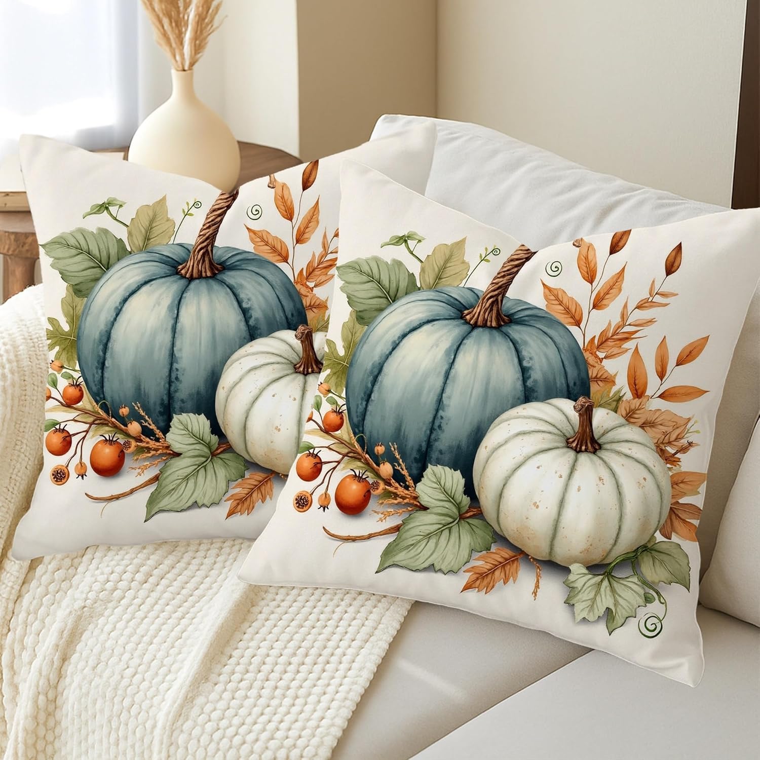Fall Throw Pillow Covers Set of 2, Blue Pumpkin and White Gourd Decorative Cushion Cases, Autumn Farmhouse Decor for Living Room Sofa Bed Couch 24x24 Inch
