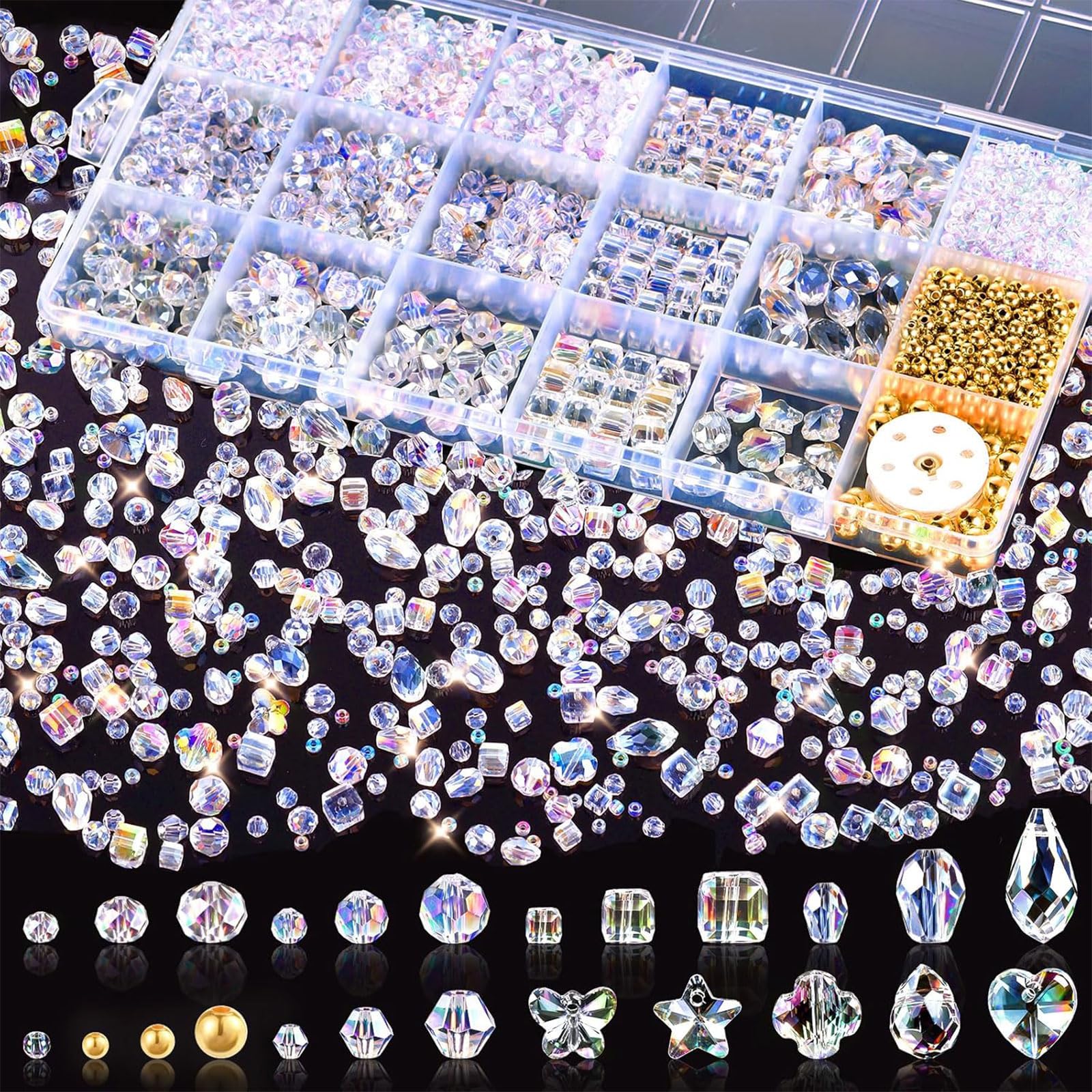 Glamoreal 2000+ Crystal Glass Beads for Jewellery Making, 24 Assorted Faceted Beads (3-15 mm) for DIY Bracelets, Necklaces, Earrings and Sun Catchers (Clear AB Colour)
