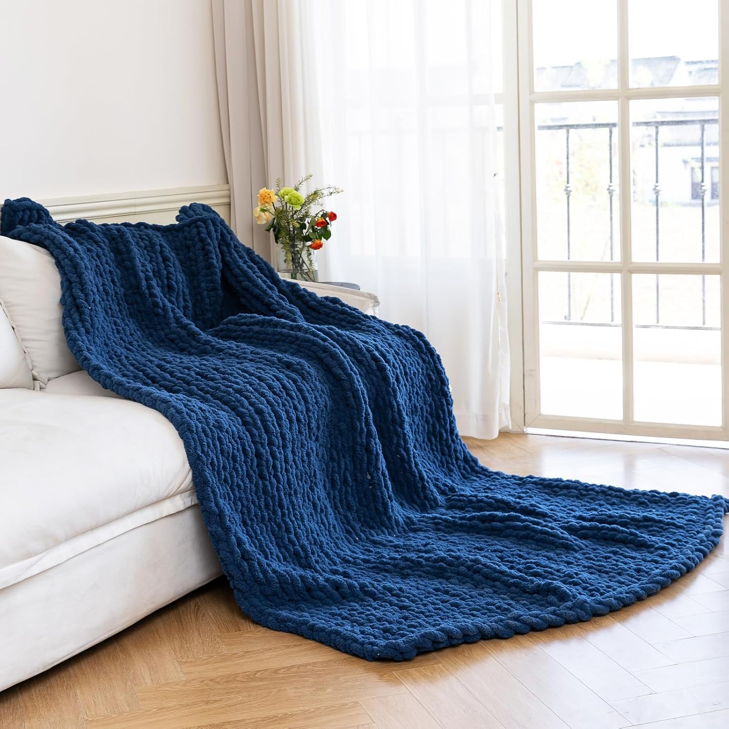Larexius Chunky Knit Blanket - Luxury Soft Cozy 50 * 60 Throw Blanket,100% Woven Blanket Rope Knot Throw Blanket for Couch, Sofa, Home Decor, Gift - Machine Washable (Deep Blue, 50 * 60)