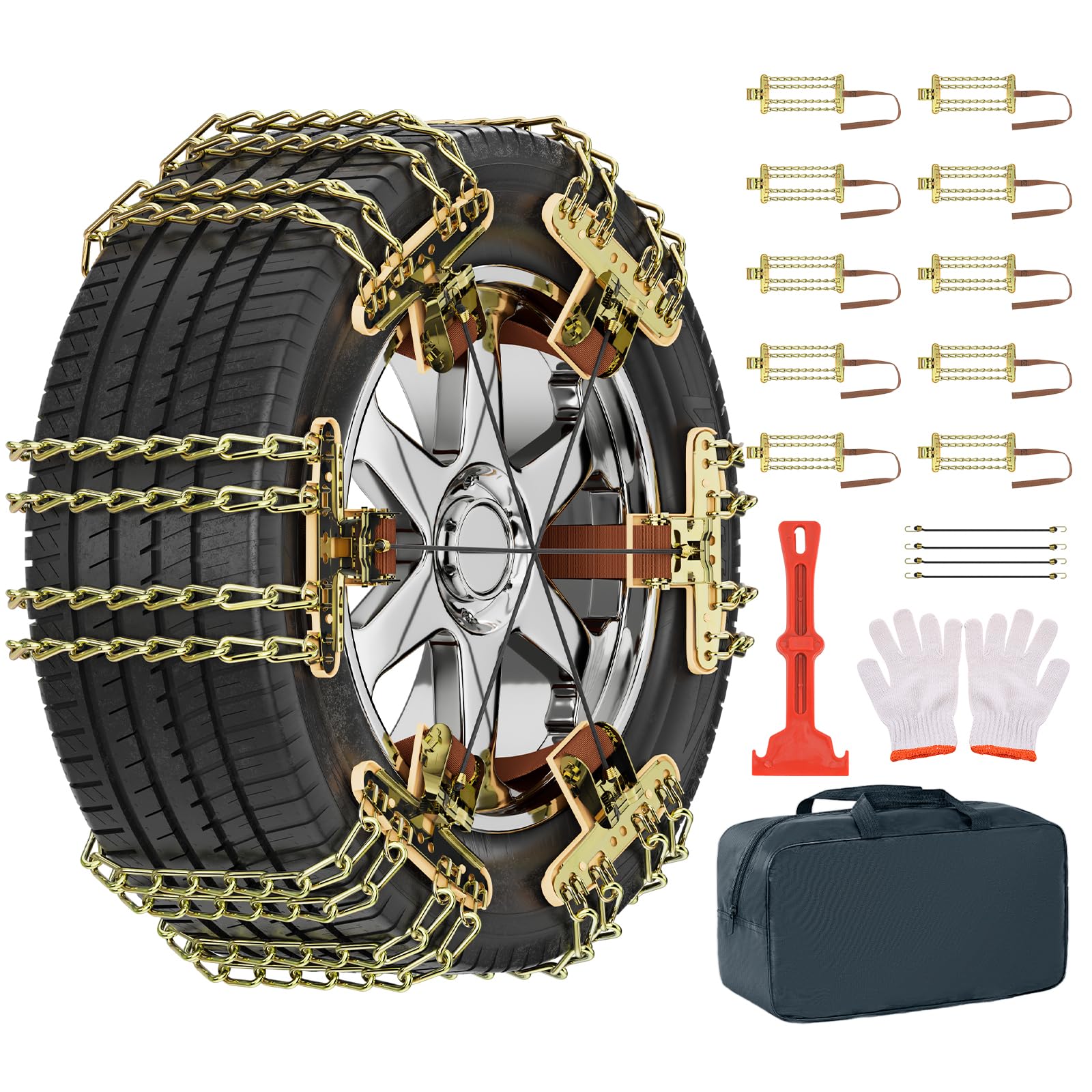 MOONCOOL 10 unidades (1 juego) Cadenas de nieve universales para coche, fácil montaje, para neumáticos de 215 – 285 mm de ancho, con guantes, gancho, bolsa de transporte, cuerda de amarre, para