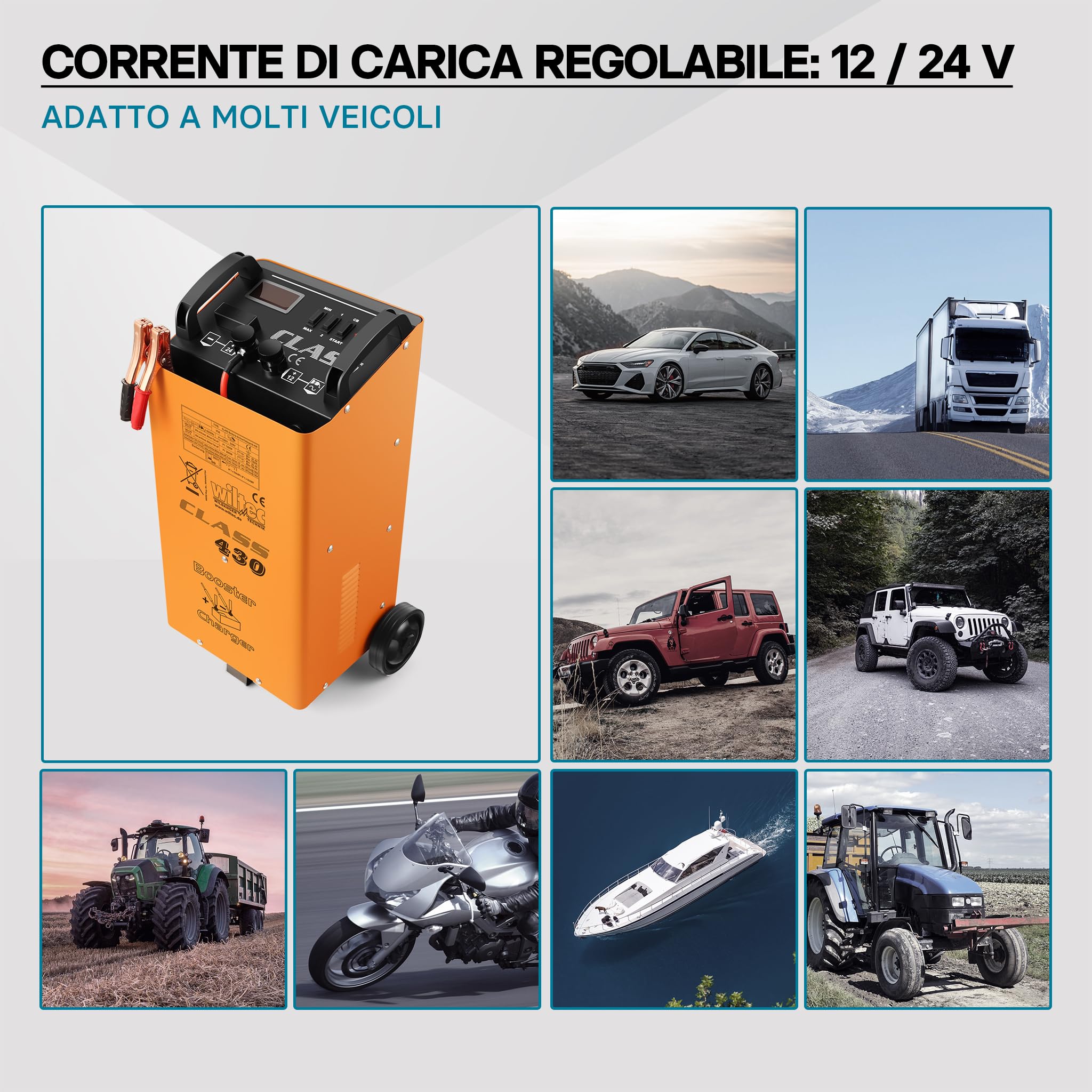 Wiltec Caricabatterie 12V e 24V Boost 430 Caricatore per batterie piombo acido AGM
