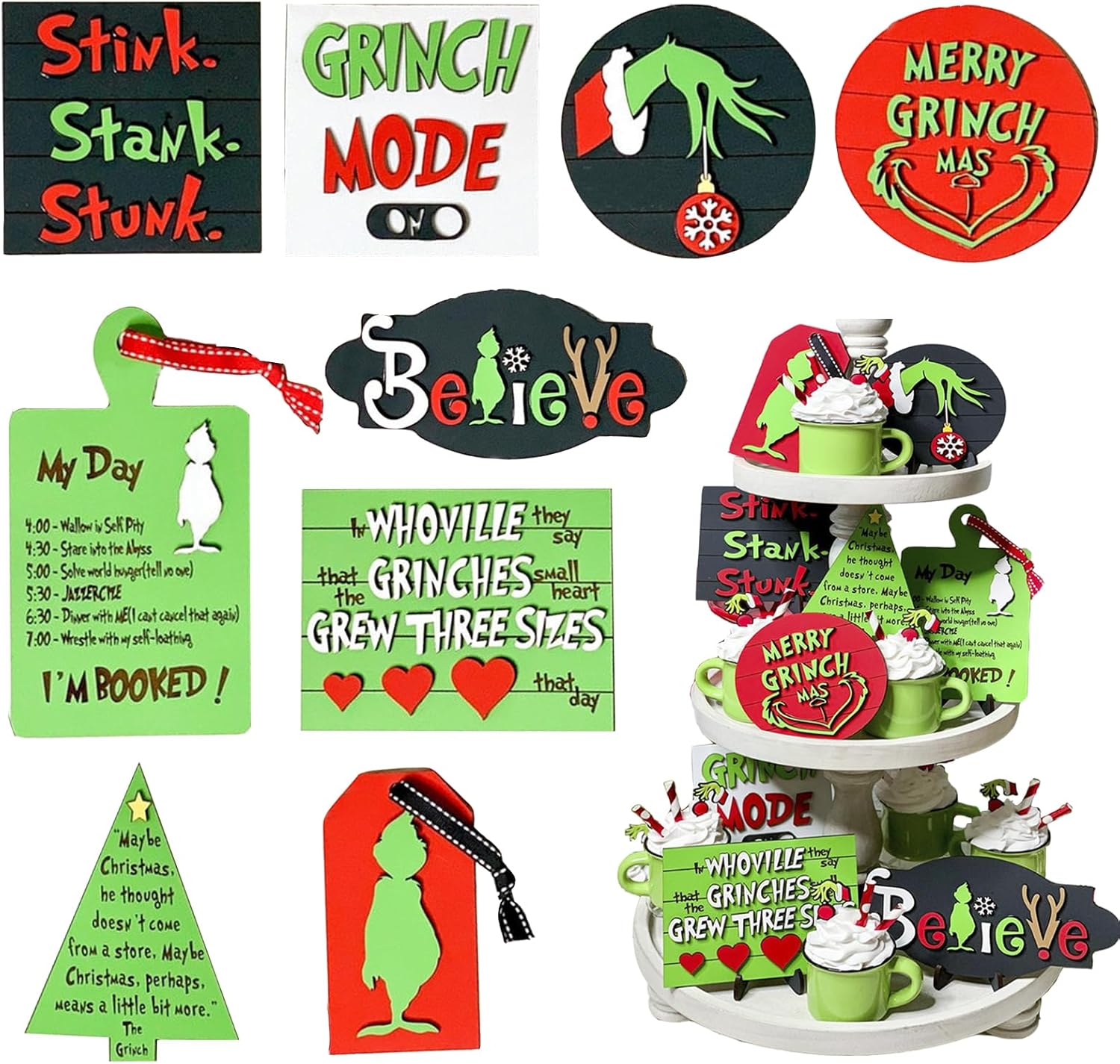 Tiered Tray Decor,9PCS Wooden Christmas Tiered Tray Decor