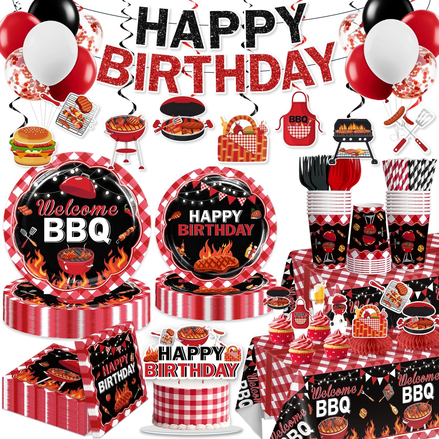 205 Pcs BBQ Birthday Party Decorations, Picnic Party Decorations Serves 25 - Banner, Tableware, Tablecloth, Cake Toppers, Balloons - Backyard Birthday Party Decorations