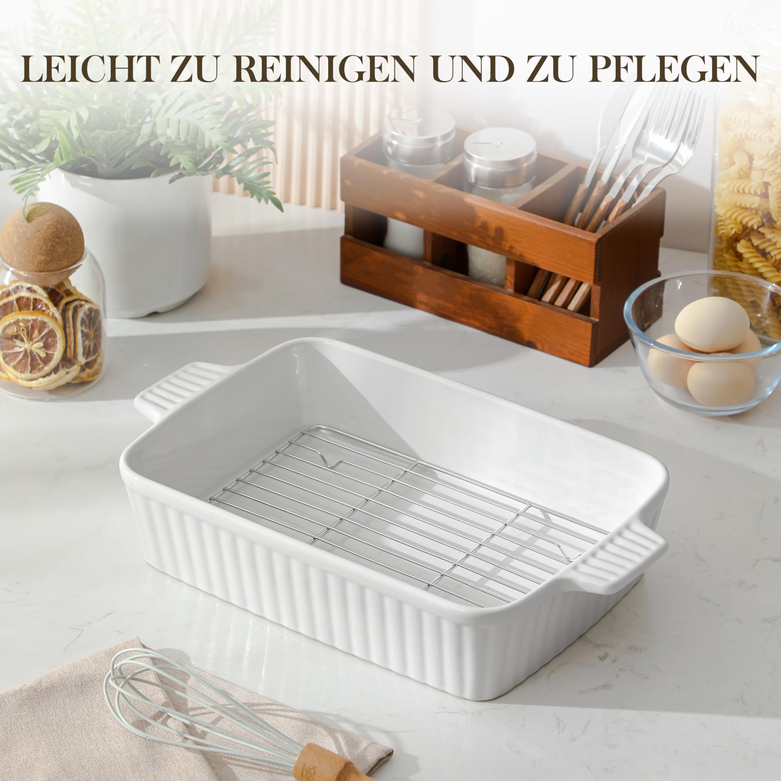 MALACASA Série BAKE, Plat à Four Rectangulaire en Porcelaine avec Grille 4200ml, Grand Plat de Cuisson avec Poignées pour Gratins et Casseroles, Compatible Lave-vaisselle, Blanc