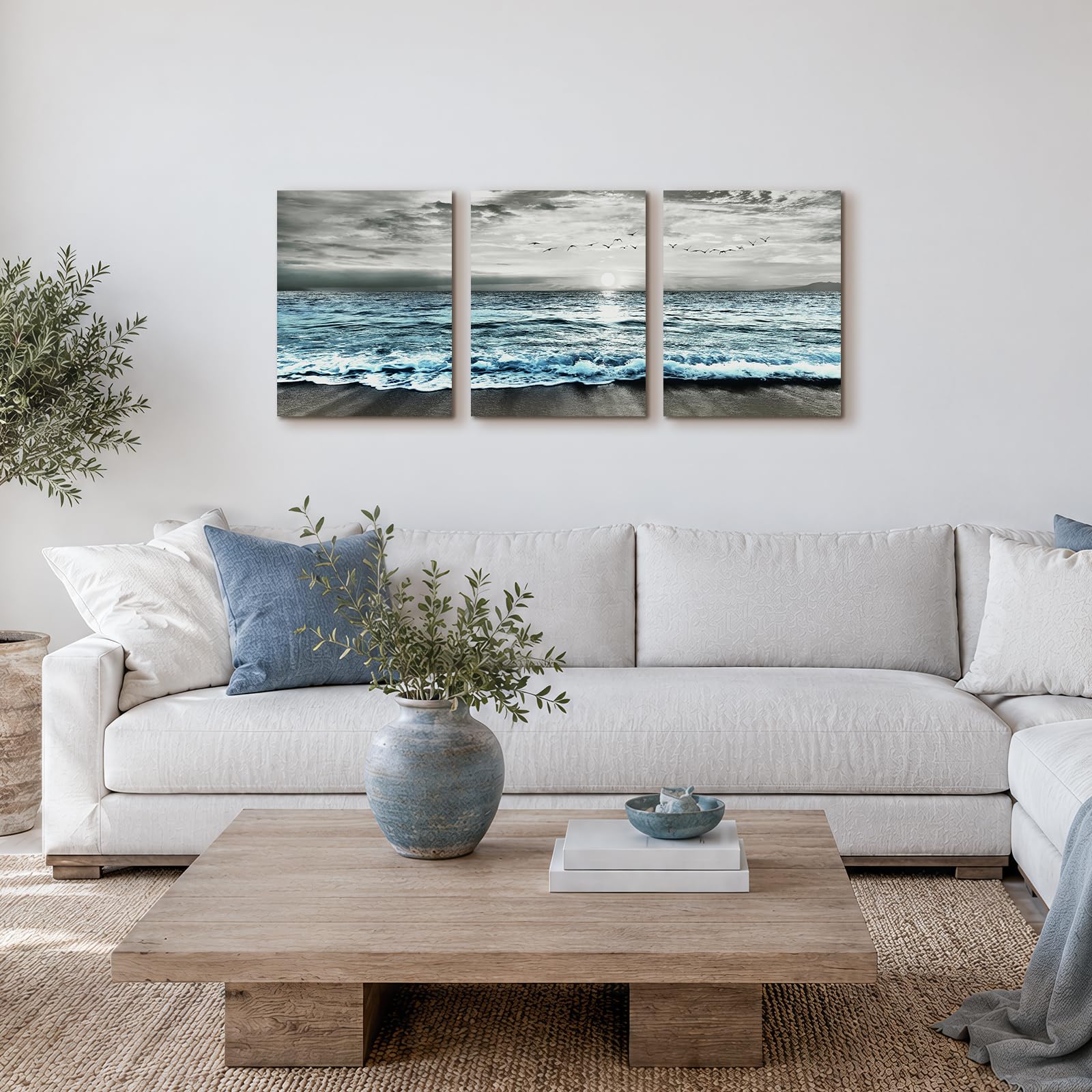 MHARTK66 Quadri Moderni Uccelli Della Spiaggia All'alba, Quadro Su Tela Grigio Blu Mare Oceano Quadro Moderno Soggiorno Camera da Letto Sala Da Pranzo Bagno Cucina e Ufficio