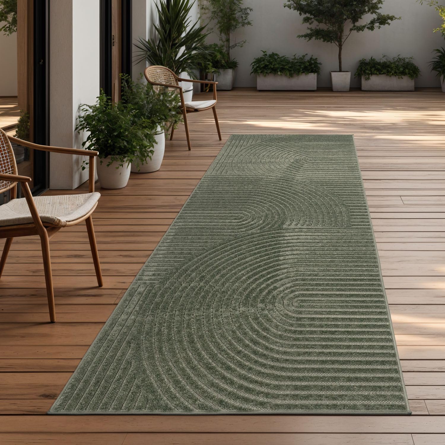 TT Home Outdoor Teppich Läufer 80x250 cm Grün, Wetterfest & Robust, Modernes Boho Skandi Design mit 3D-Optik, für Flur, Küche & Terrasse