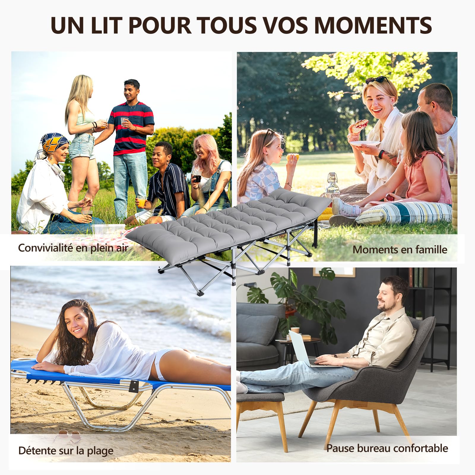Bonnlo Lit de Camp Pliable en Acier avec Sac de Transport Lit de Camping en Oxford 600D Charge Max. Jusqu'à 150kg, Lit de Voyage Parfait pour Jardin, Camping, Plage et Intérieur, Gris, 190×71x36 cm
