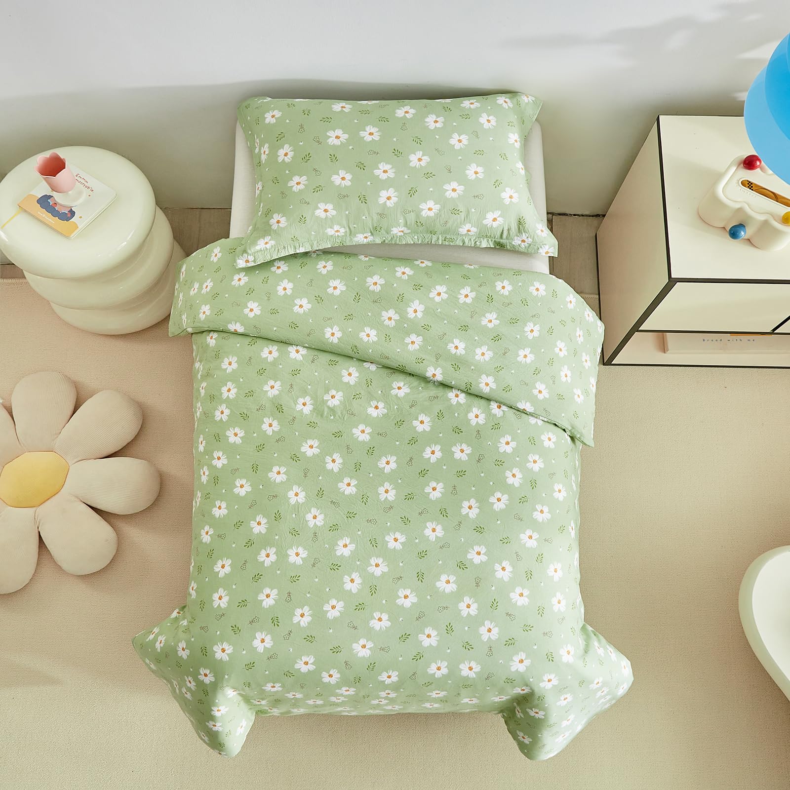 DuShow Floral Single Bedding Set For Girls and Boys,Kids Single Bed Duvet Cover and Pillowcase Set Flower Duvet Cover Set Green-135 x 200 - Image 3