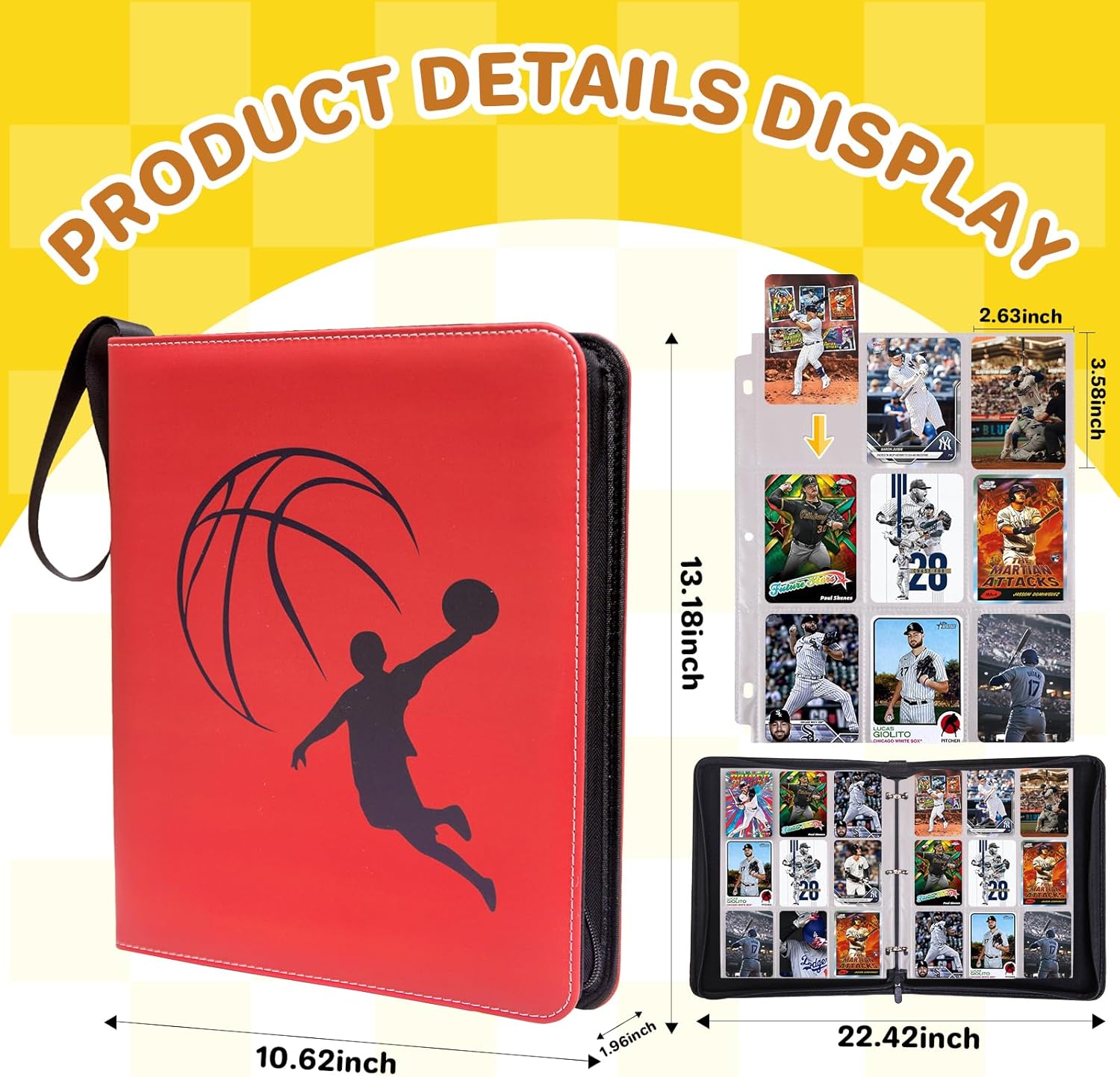 Card Binder 9 Pocket - Basketball Trading Card Binder Fits 990 Cards With 55 Removable Sleeves, Double Sided Pocket Zipper Card Binder for MTC, TCG, Game Cards, Sports Cards