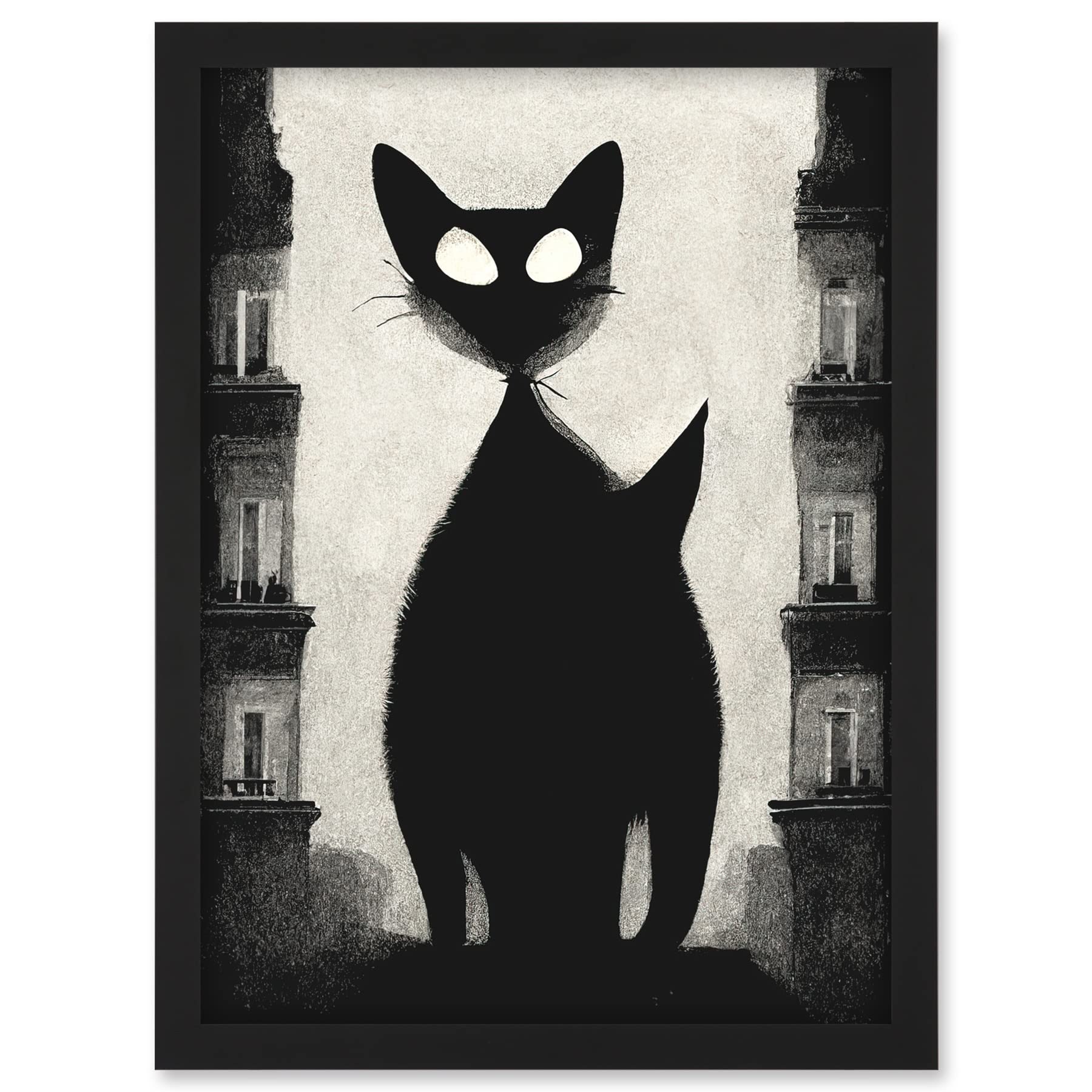 Doppelganger33 LTD Giant Black Cat Le Chat Noir City Monochrome Illustration Artwork Framed A3 Wall Art Print