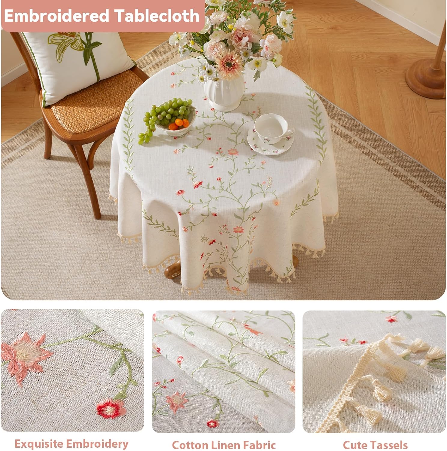 Laolitou Pink Floral Spring 55" Round Tablecloth (Fits 30-42" Table), Embroidery Heavy Duty Cotton Linen Table Cloth, Farmhouse Rustic Waterproof Wrinkle Free Tablecloths with Tassels, Pink Flower