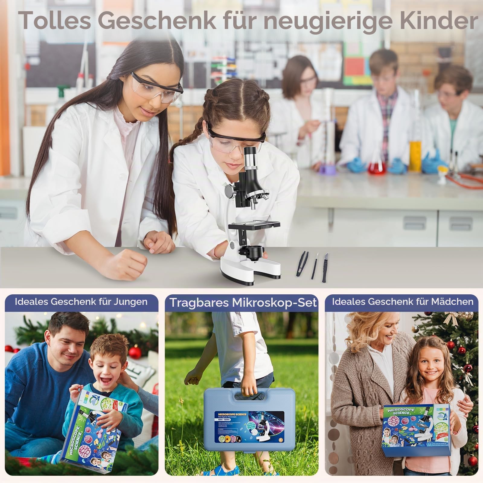 100X–1200X Entdecker Kinder Mikroskop Set mit Koffer: Natur unter dem mikroskop Schüler ab 6 Jahre – Wissenschaftliches Kindermikroskop kit mit Metallrahmen, Objektträger – Pädagogisches Geschenk | Nature Exploration STEM Science Mikroskopie mit Metallrah