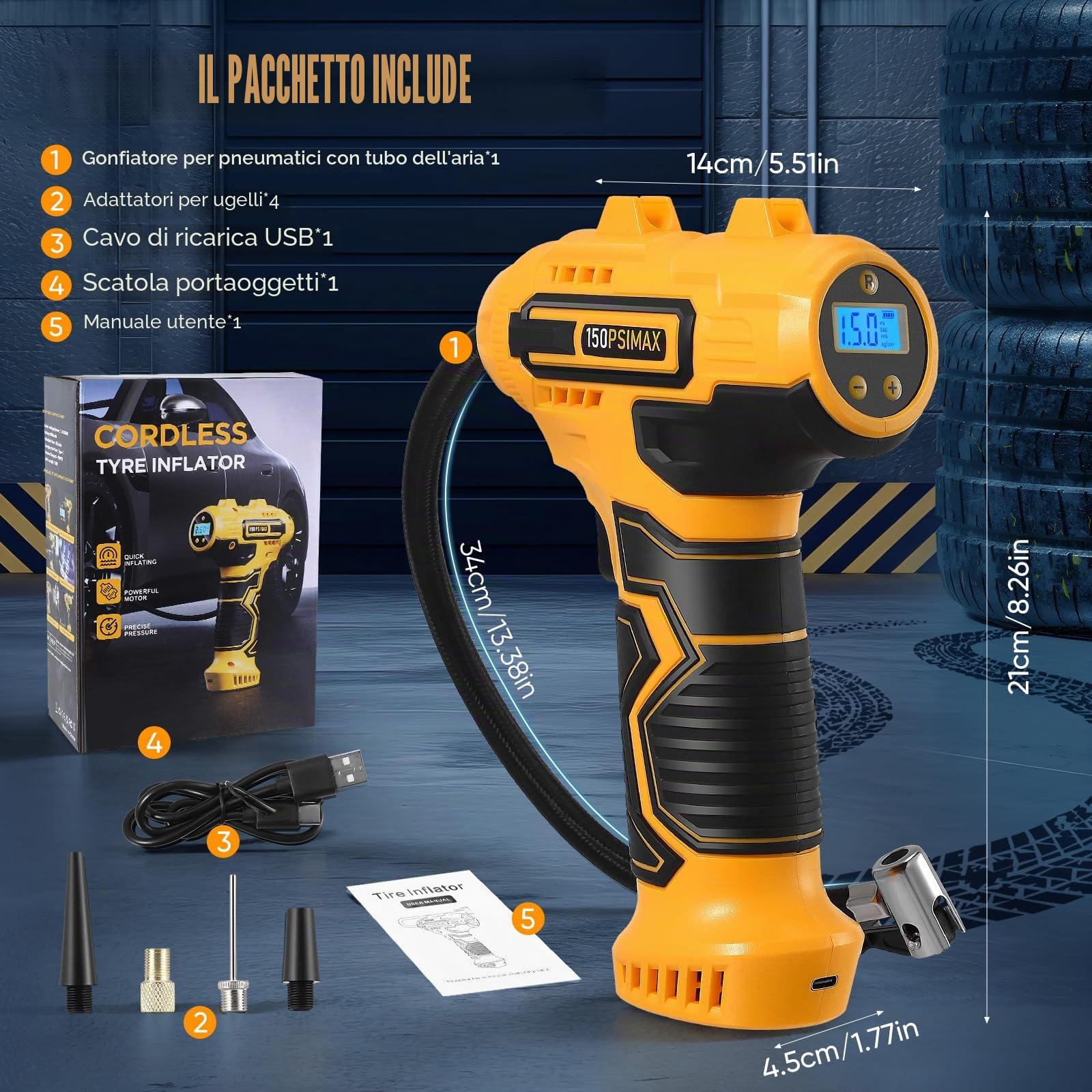 Pompa ad Aria Elettrica Compressore a Batteria per Bicicletta, Portatile, Display Digitale, Spegnimento Automatico, USB-C