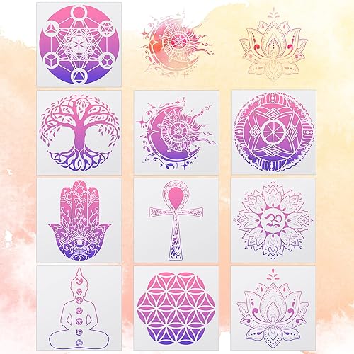 10 plantillas de geometría sagrada con diseño de mandala para yoga, plantillas reutilizables de PET para pintar de 6 x 6 pulgadas, plantillas