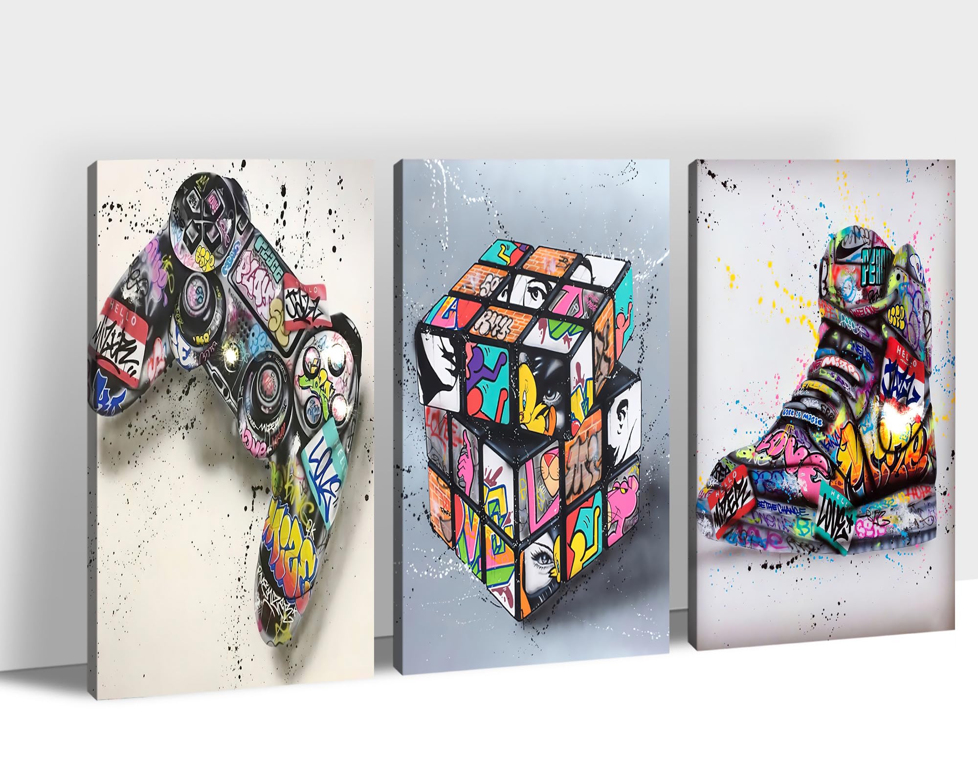 Multi Panel Graffiti Canvas Wall Art - 3 Piece Graffiti Pop Street Art Canvas Prints for Wall Decor, Cool Framed Artwork for Boys Bedroom Man Cave Ready to Hang 12x18 Inches x 3Panel
