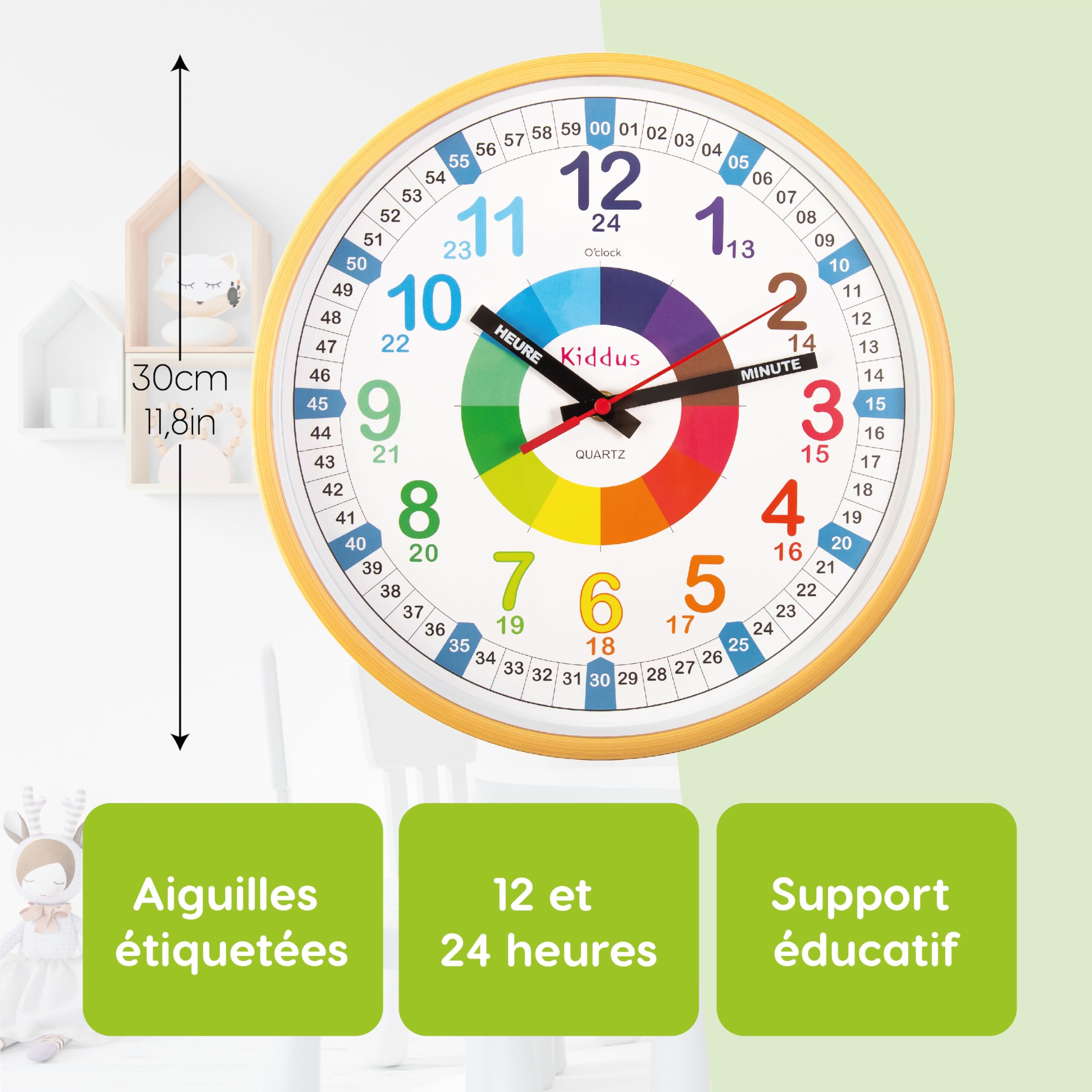 Horloge Murale Enfant Dinosaure Bruni - Cadran 29cm Silencieux, Apprentissage Heure 12/24h - Verre Acrylique Sécurité