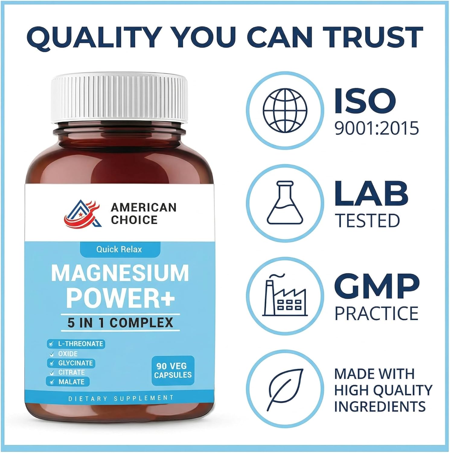 Magnesium Power+ for Women & Men 200mg Elemental — 5-in-1 Magnesium Complex, L-Threonate for Brain & Memory, Glycinate, Citrate & Malate for Sleep Support & Muscle Recovery — 90 Veggie Capsules