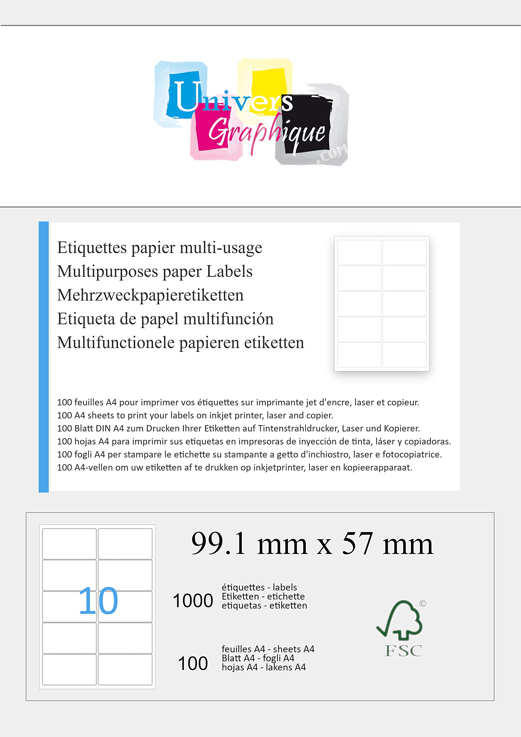 Image secondaire de 1000 étiquettes 99.1 mm x 57 mm - planche de 10 étiquettes - autocollantes - 100 feuilles A4 - -Marque UNIVERS GRAPHIQUE REF UGE