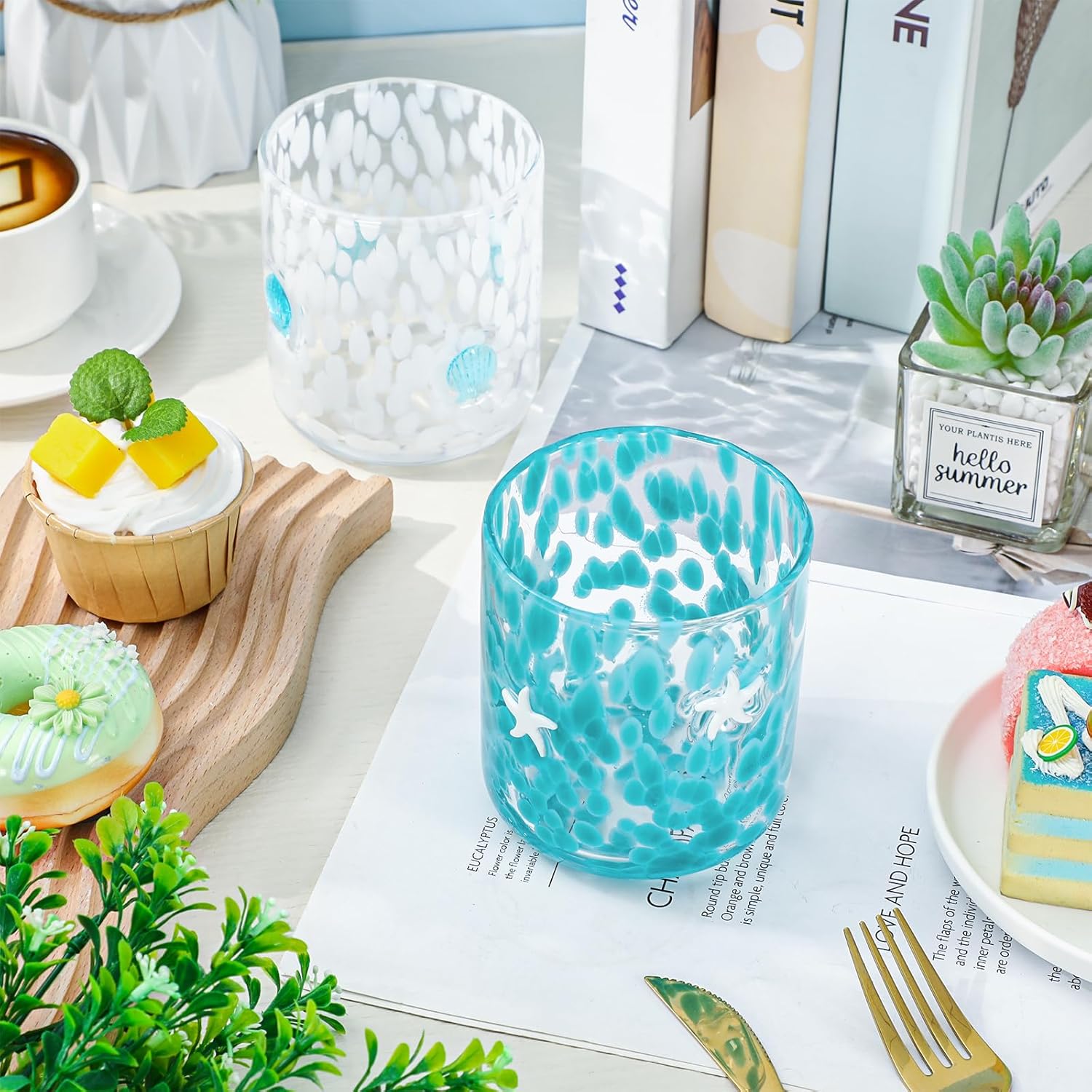 Whaline 2Pcs Ocean Icon Juice Glass 14 Oz Starfish Seashell Wine Glass Stemless Cocktail Drinking Cups for Home Party Favors Gift Supplies - Image 3