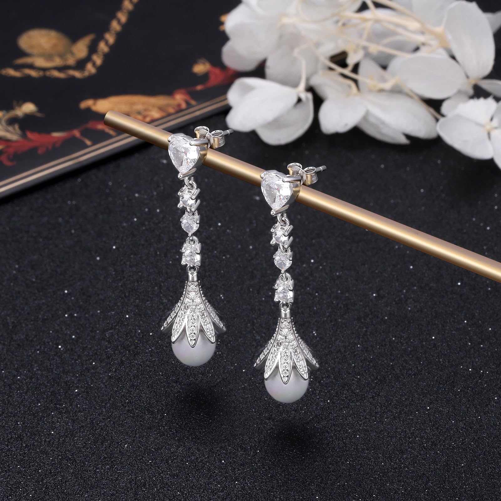 Silber Lilie Ohrringe S925 Sterling Silber Hochzeit Birdal Ohrringe für Bräute, Brautjungfern, Perle Kronleuchter Dangle Ohrhänger für Frauen Prom