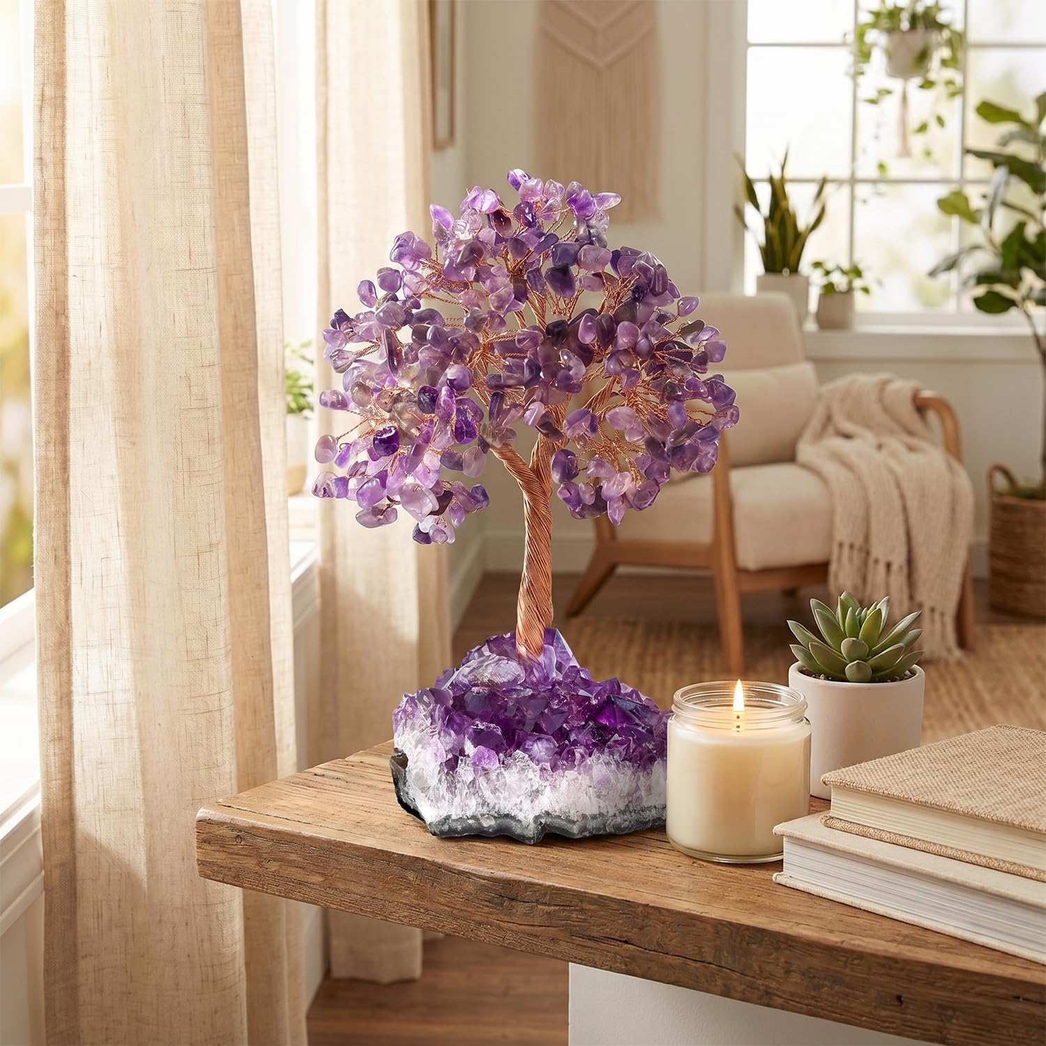 Árbol de la Vida de Amatista Natural - Árbol del Dinero de Cristal Morado para Decoración Zen, Regalo Original de Cumpleaños para Mujer, Piedra de Energía y Accesorios de Escritorio (Amatista)