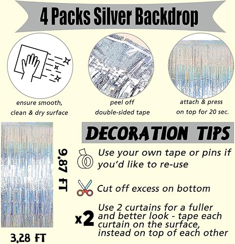 Miniatura 2 de Paquete de 4 cortinas de flecos plateados, 3.2 pies x 8.2 pies, serpentinas de flecos metálicos brillantes para cabina de fotos, cumpleaños, boda,