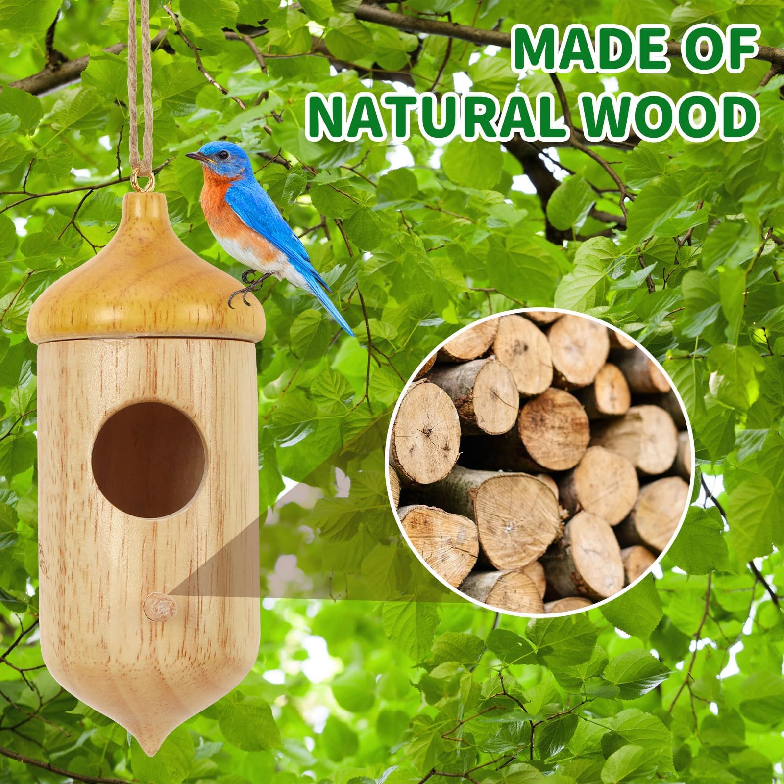 NOVWANG 4 PCS Hummingbird House Solid Wood with Hemp Rope, Outdoor Hanging Bird Watching House Bird House for Gardening Gifts Home Decoration