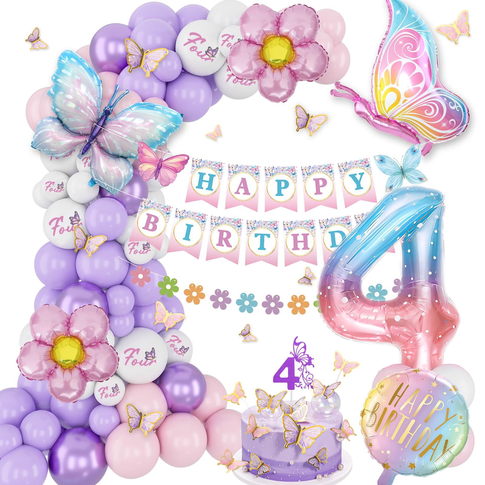 4th Birthday Decorations for Girl, 4 Year Old Bday Decor Girl Butterfly Bday Party Decor Pink and Purple Balloons Four Birthday Decoration
