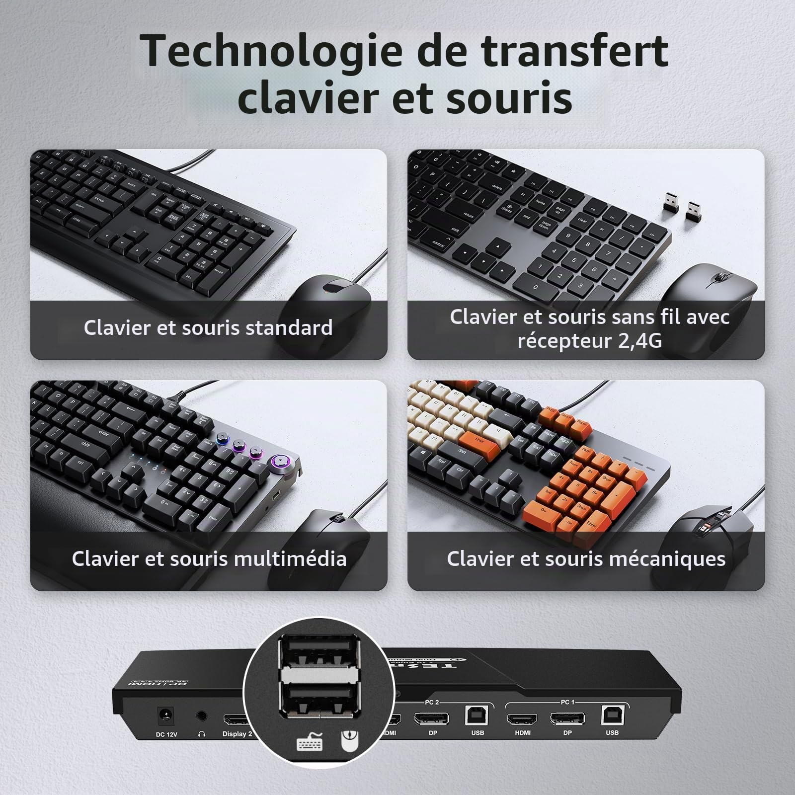 TESmart Commutateur KVM DisplayPort + HDMI 2 PC 2 écrans 4K@60Hz KVM Dual Monitor 2 ports mode étendu émulation EDID USB 2.0 audio L/R raccourcis clavier
