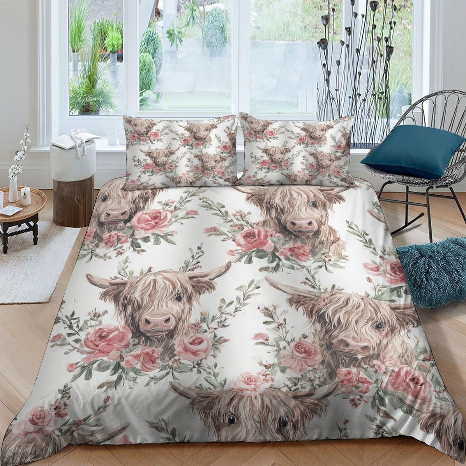 Ctjqhvkz Style-3 3D Printed Highland Cow Floral Fitted Sheet Microfiber Soft Breathable Mattress Cover Bedroom Decor Single（135X200cm）