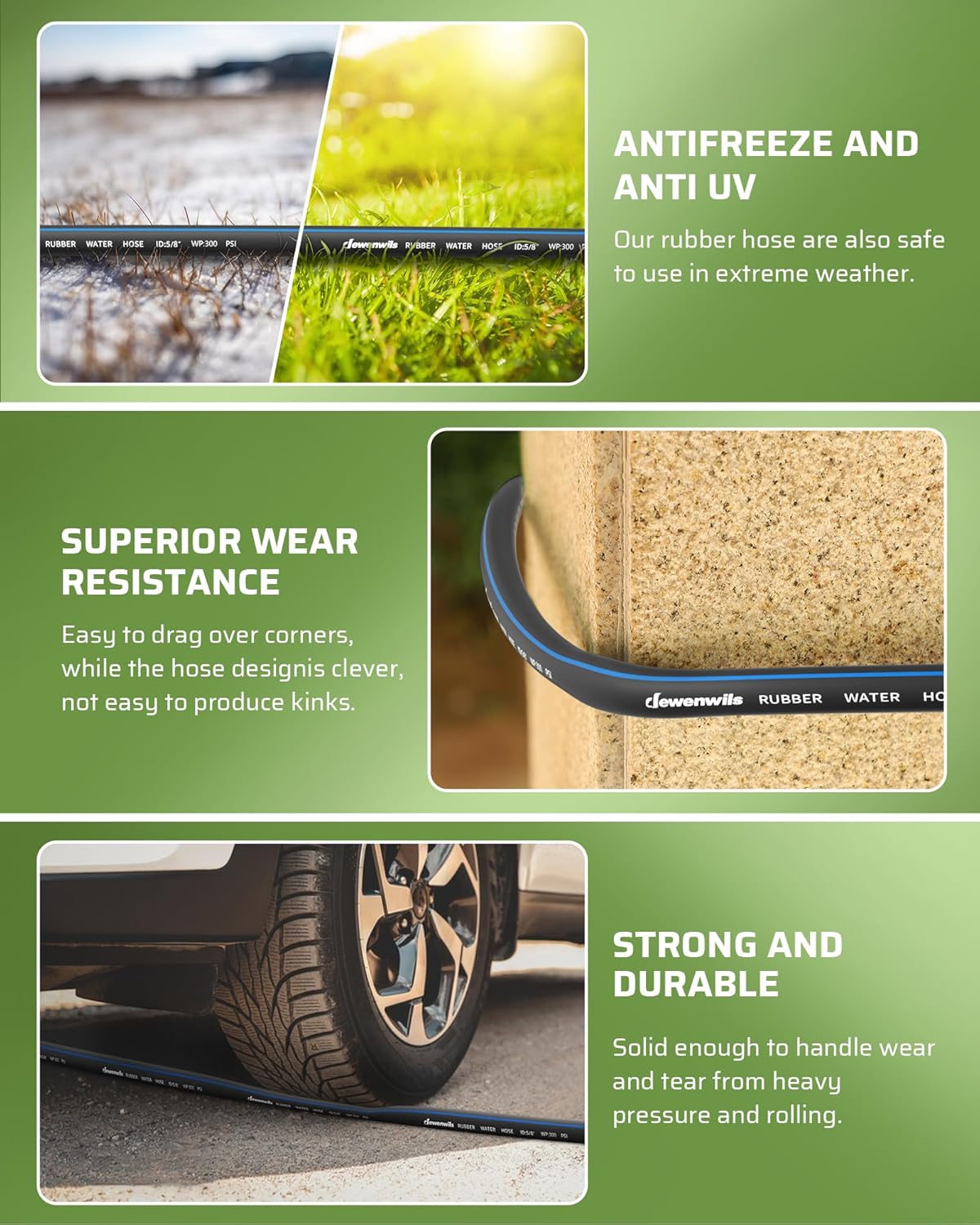 DEWENWILS 5/8" x 50FT Heavy Duty Garden Hose, 300psi Working & 1000psi Burst, Solid Brass 3/4" GHT Fittings, Hot/Cold Water, 5 Layer Construction, Rubber Water Hose for Yard, Garden, Lawn