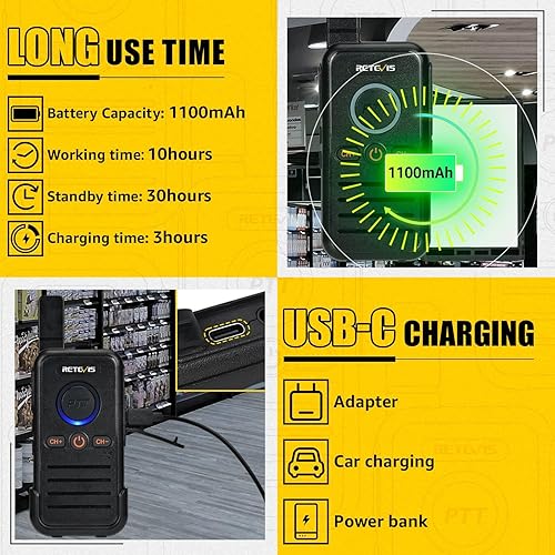 Miniatura 6 de Retevis RB45 Dual PTT Walkie Talkies Bundle con IP54 impermeable 2 pines altavoz micrófono, pequeña radio portátil de 2 vías recargable, alarma de