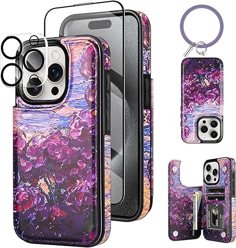 HianDier Funda compatible con iPhone 15 Pro con tarjetero para mujeres y hombres, con pulsera, protector de pantalla y funda para cámara para iPhone