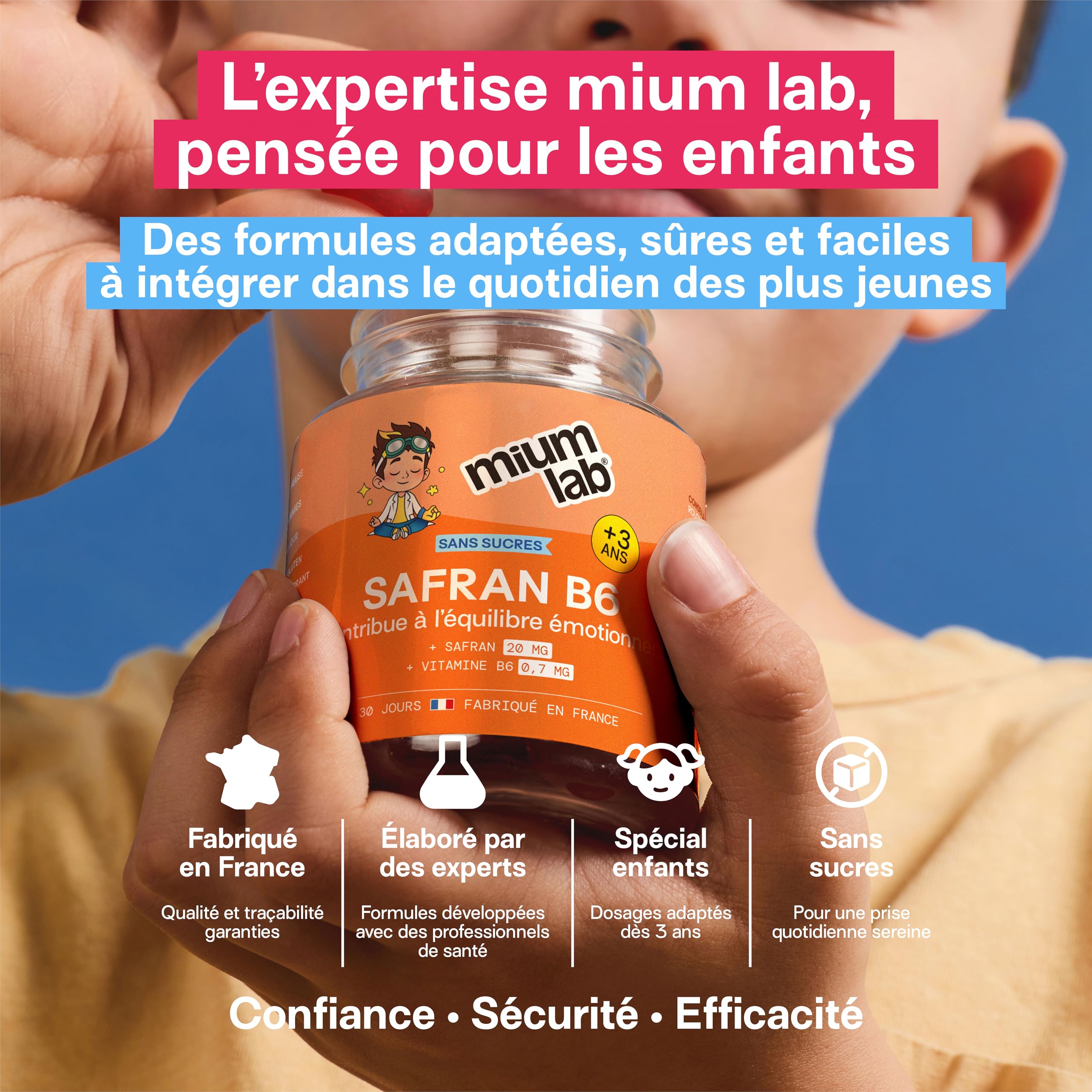 MIUM LAB - Gummies Safran Enfant Vitamine B6 – Équilibre Émotionnel & Concentration – Aide à Gérer Émotions & Agitation – Complément Alimentaire Enfant Sans Sucres – Goût Fraise – Lot de 3