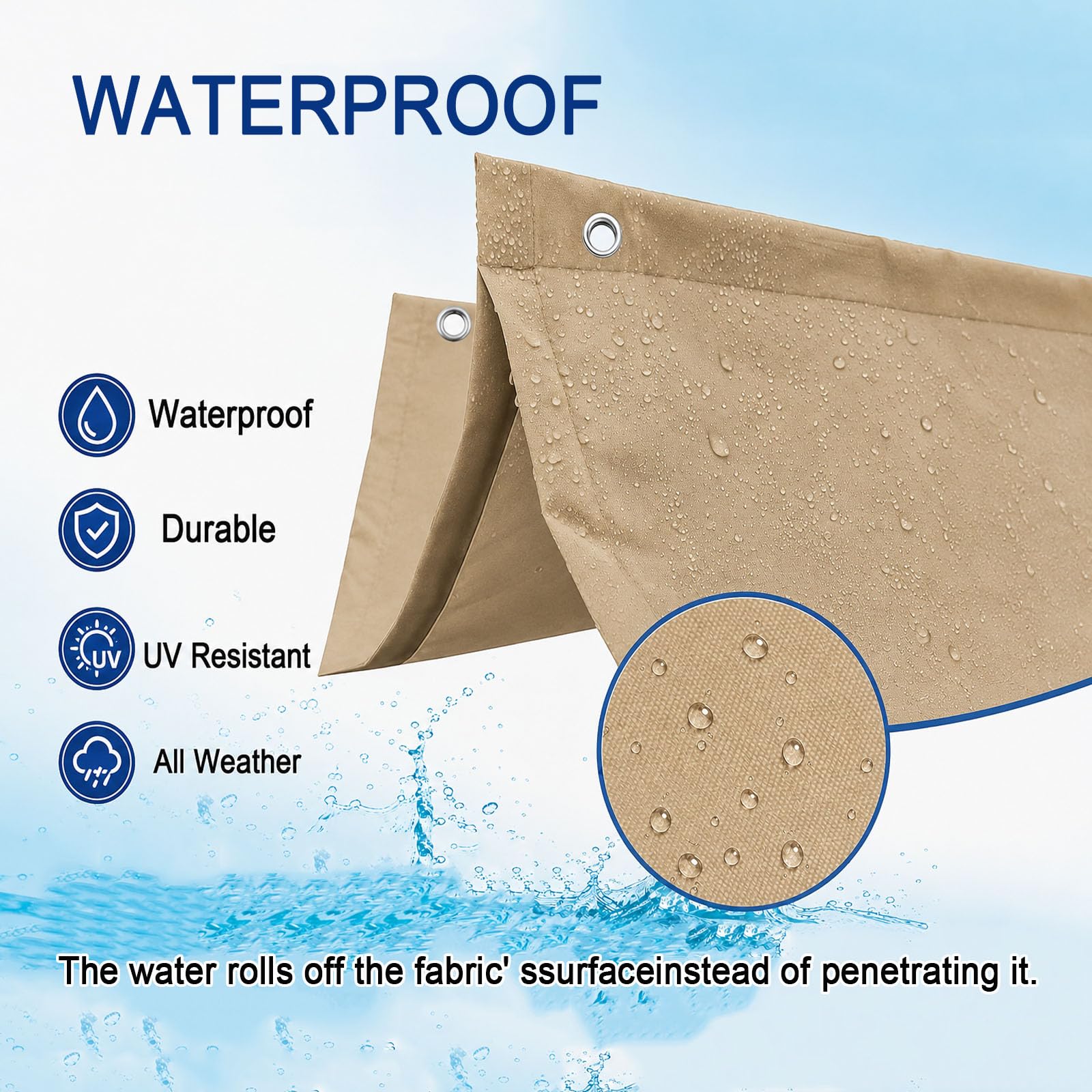 Ausziehbares Wellen-Sonnensegel 1.3 x 5.8 m PES Markisenstoff Sonnenschutz Wasserdicht Stabil Windabweisend Sonnensegel Wasserdicht mit Ösen für Balkon Terrasse Garten, Khaki