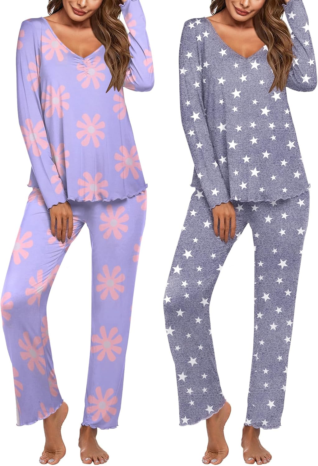 Ekouaer Womens 2 Pack Pajama Set Long Sleeve Pajamas Top and Pants V Neck Pjs Set Soft Sleepwear Loungewear