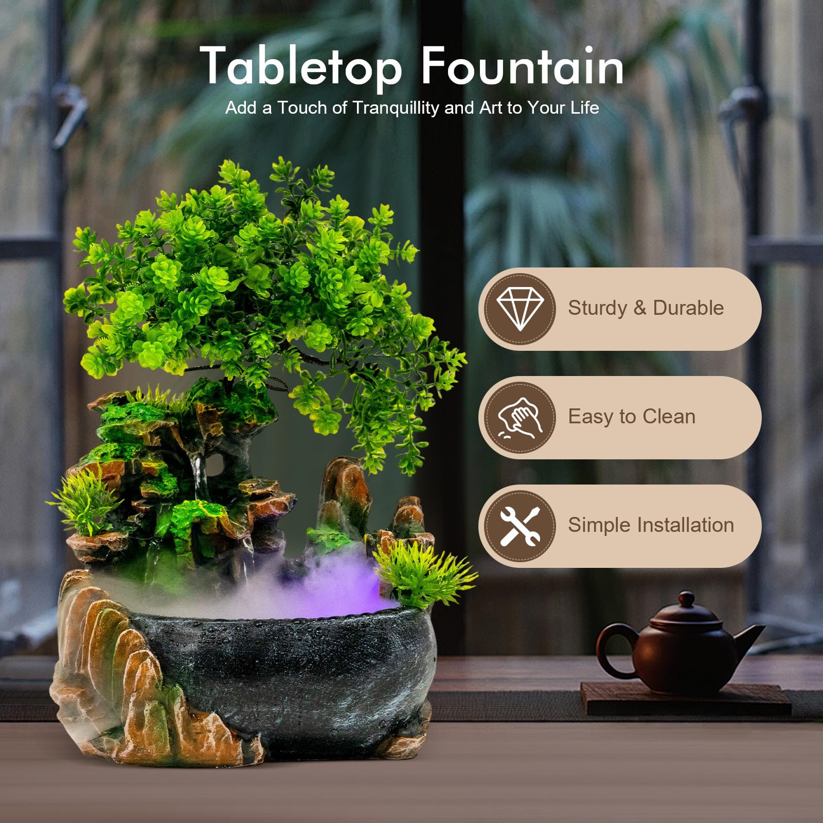 Zimmerbrunnen mit LED-Beleuchtung, Desktop Bonsai Ornamente Grüne Pflanze Zimmerbrunnen, Tischbrunnen Wasserfall mit Nebel, Feng Shui Wasserfall Luftbefeuchter für Wohnzimmer Schlafzimmer Büro