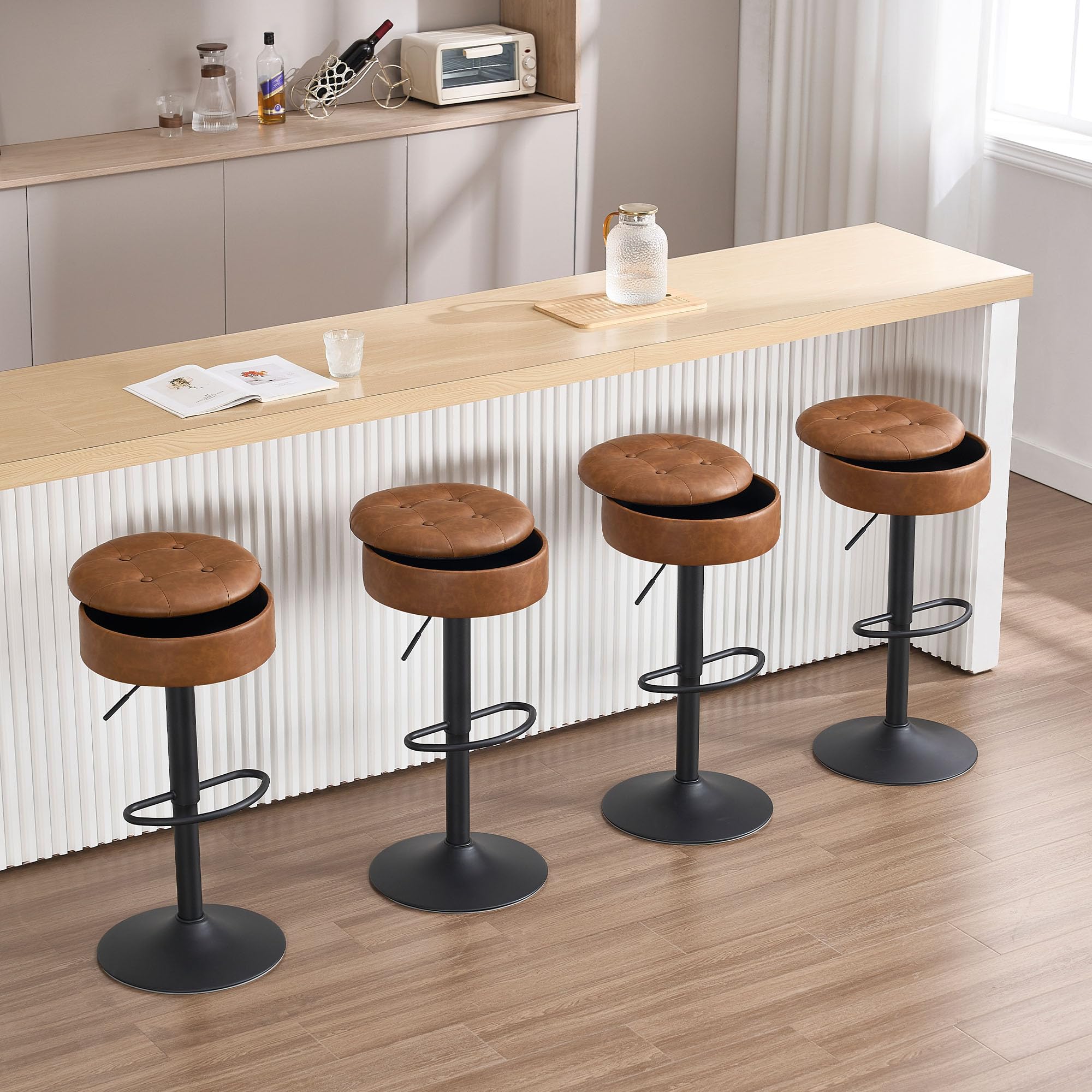 WOLTU Set di 2 Sgabelli Cucina, Sgabelli da Bar Alti con Spazio Contenitivo, Sedia Regolabili in Altezza e Girevoli a 360°, per Cucina Sala da Pranzo Bar Bancone, Pelle Sintetica, Metallo, Marrone
