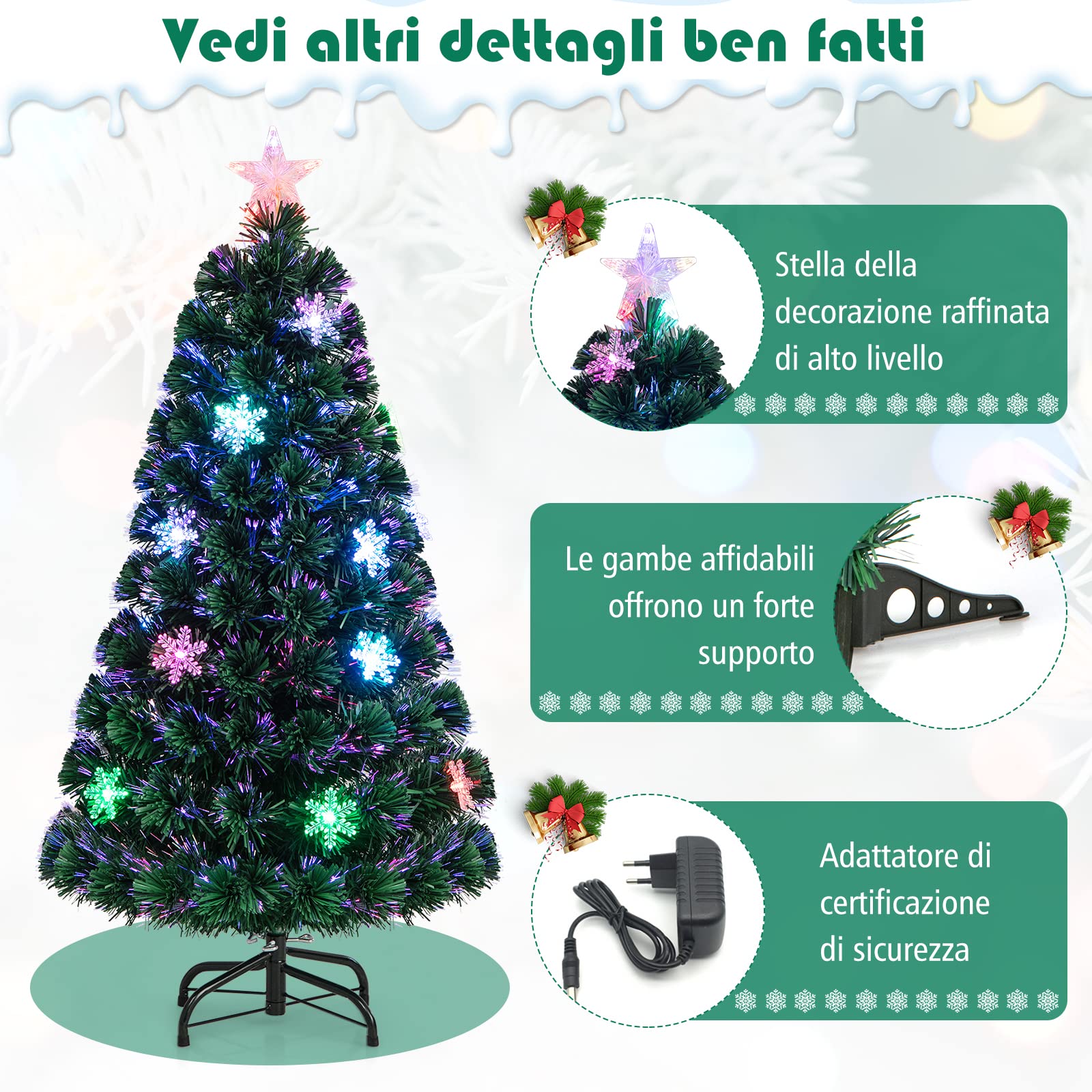 COSTWAY Albero di Natale 90/120/150/180 cm, Albero di Natale Artificiale con Luci LED, Rami Densi, Stelle Luminosi e Fibre Ottiche, Decorazione Natalizia per Casa, Ufficio e Negozio (120 cm)