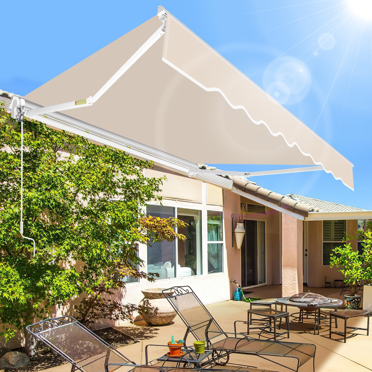 Randaco Tenda da sole con braccio snodato, 350 x 300 cm, beige, con manovella, angolo di inclinazione fino a 30 gradi, protezione solare impermeabile