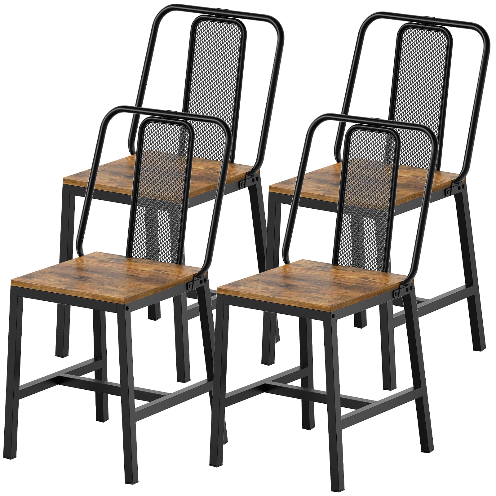 CY01L4BRN1 - Juego de 4 sillas de comedor de madera, sillas de comedor de granja con soporte trasero, para sala de estar, cocina, marrón rústico y negro